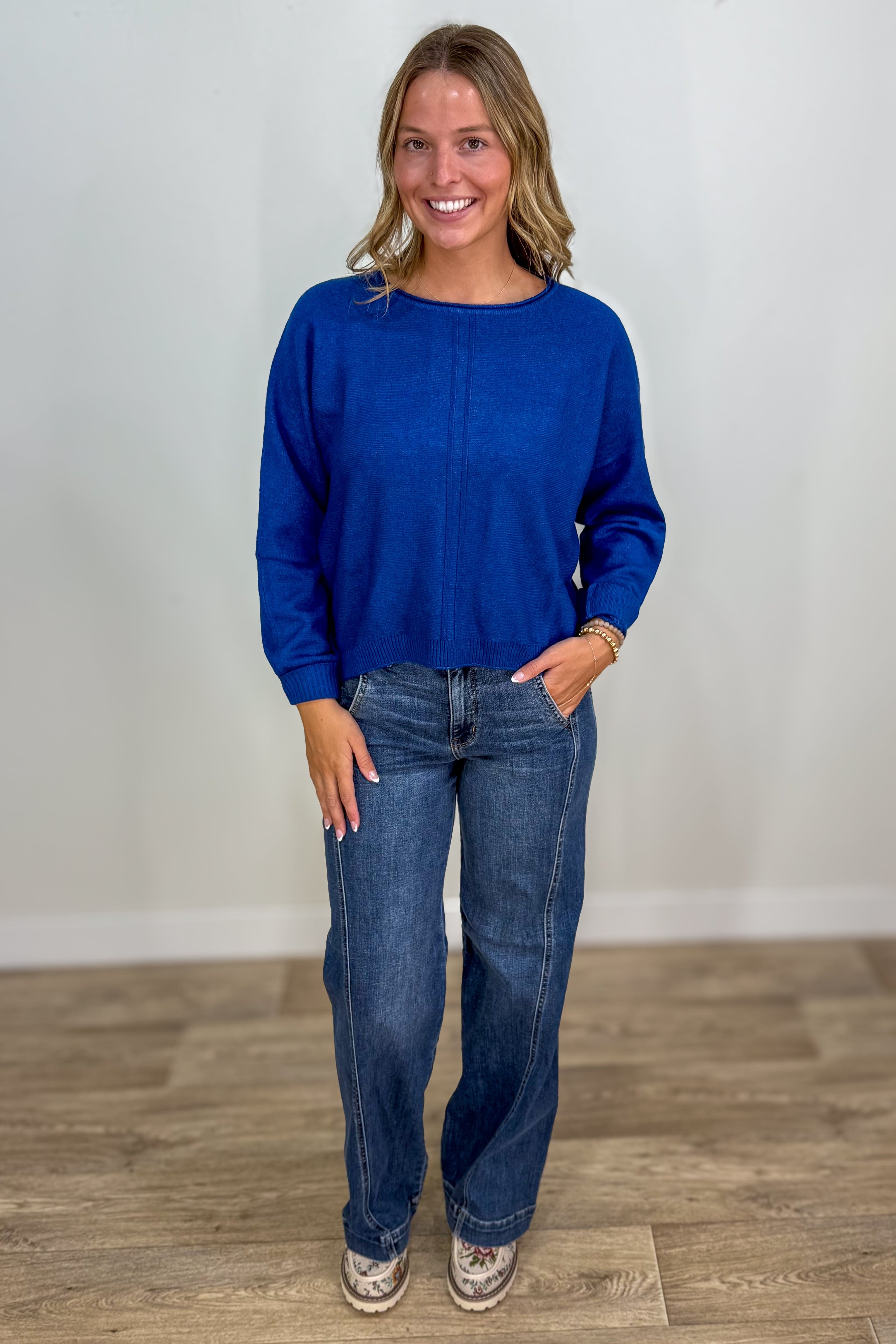 Heathered Light Navy Front Seam Round Neck Sweater styled