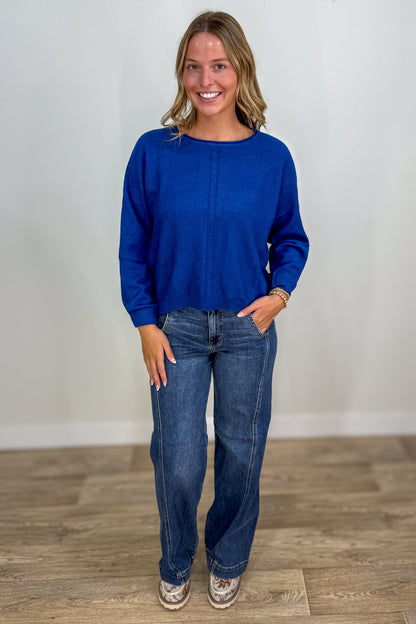 Heathered Light Navy Front Seam Round Neck Sweater styled