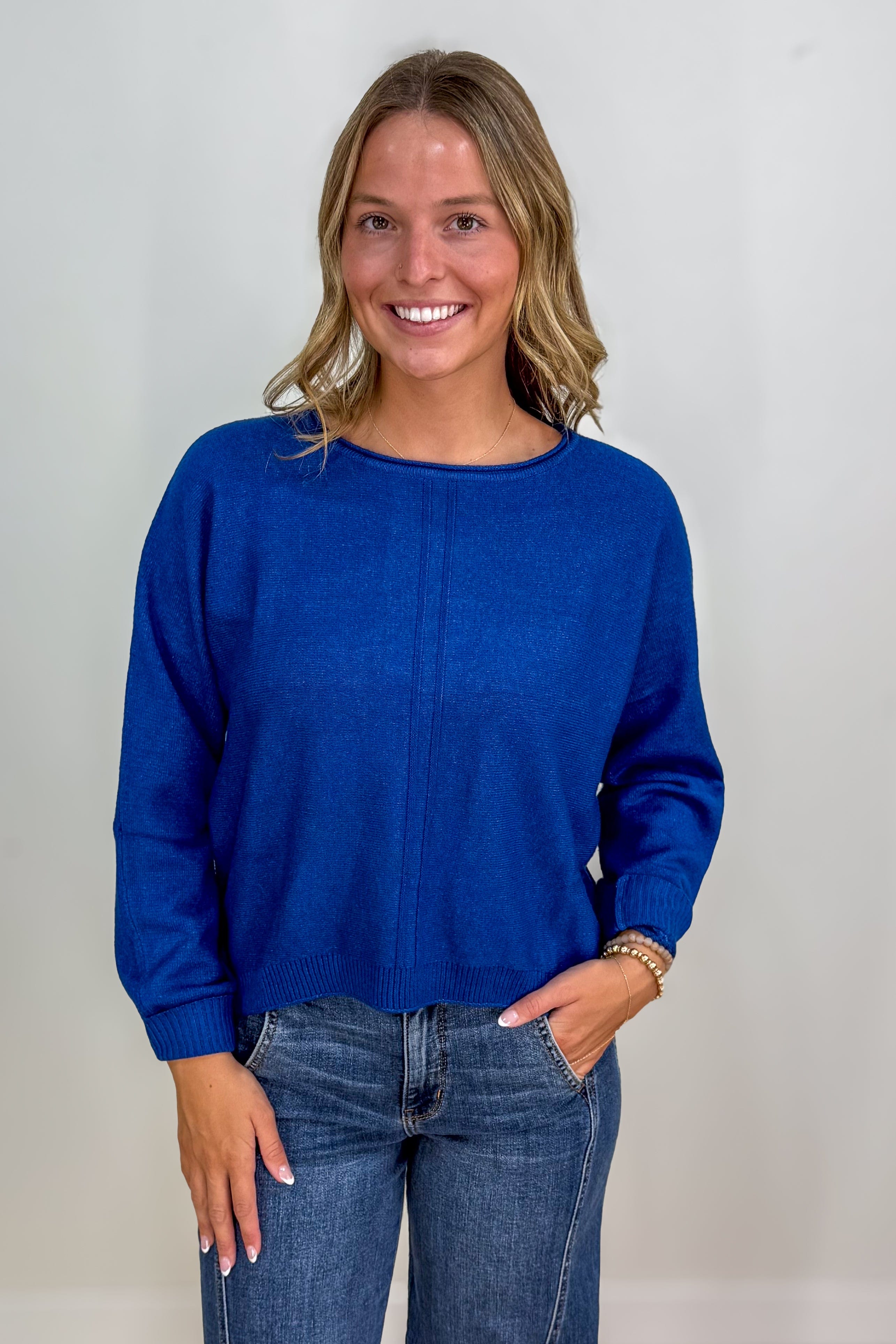 Heathered Light Navy Front Seam Round Neck Sweater
