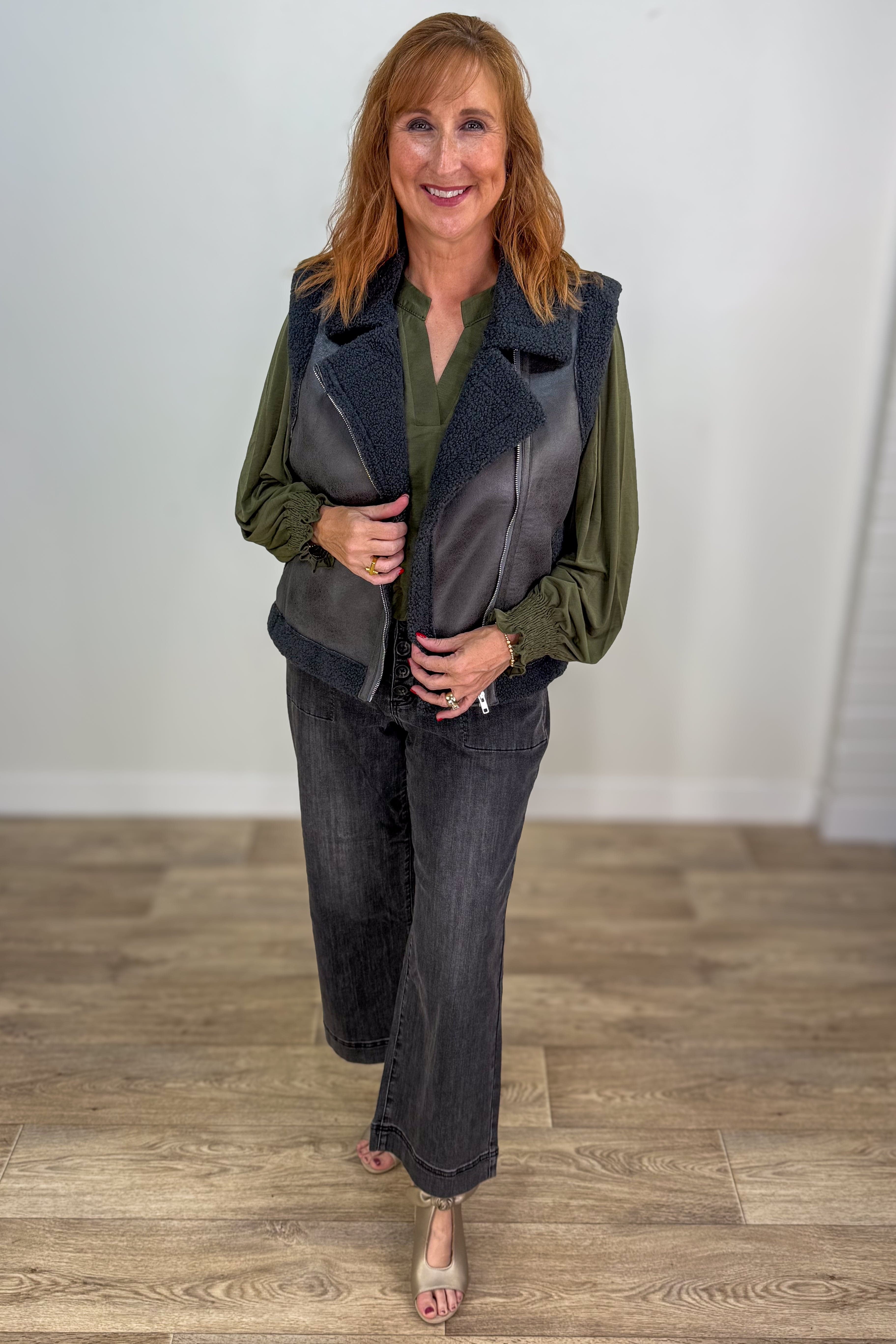 Black Leather Sherpa Vest styled
