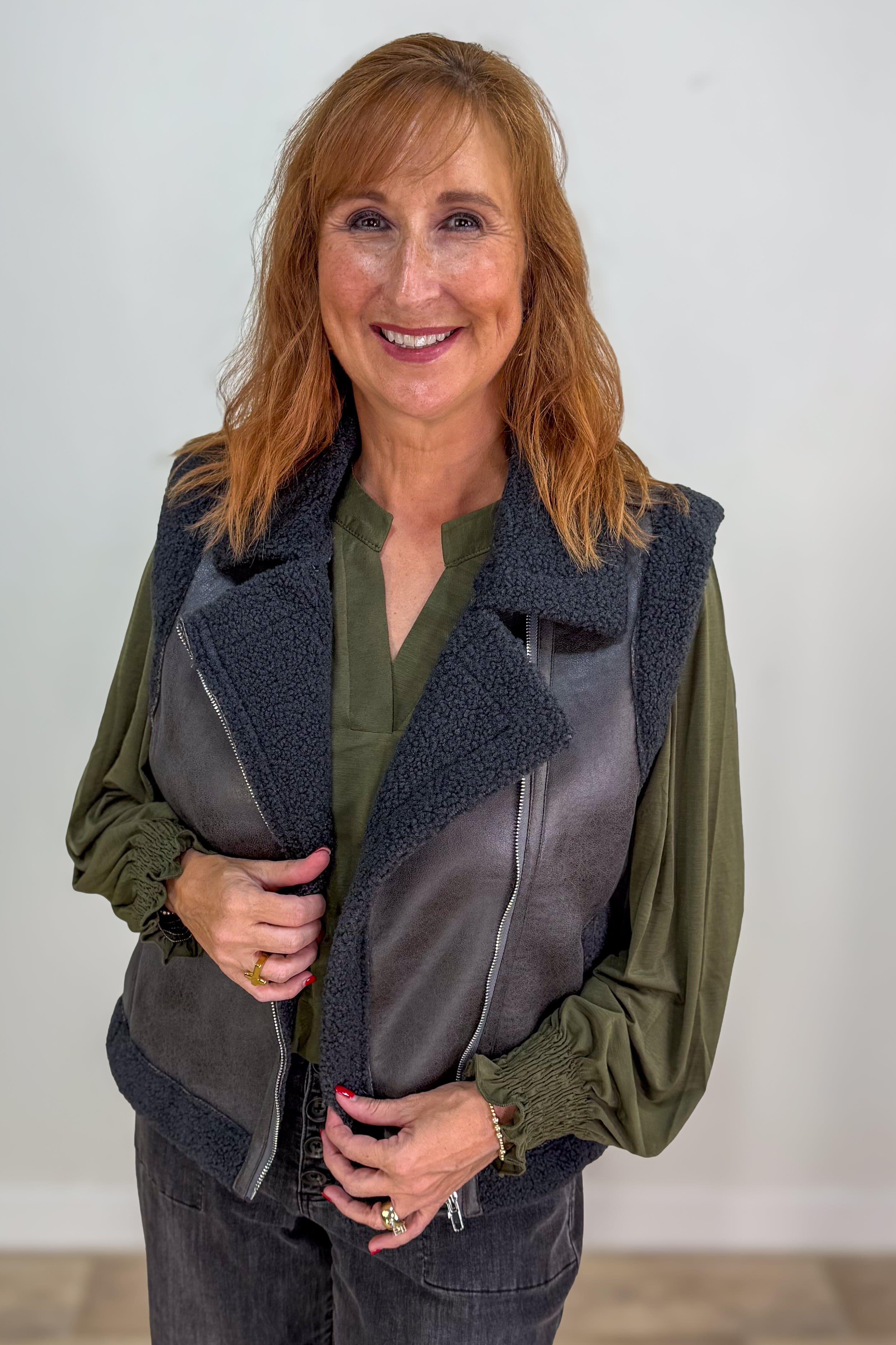Black Leather Sherpa Vest