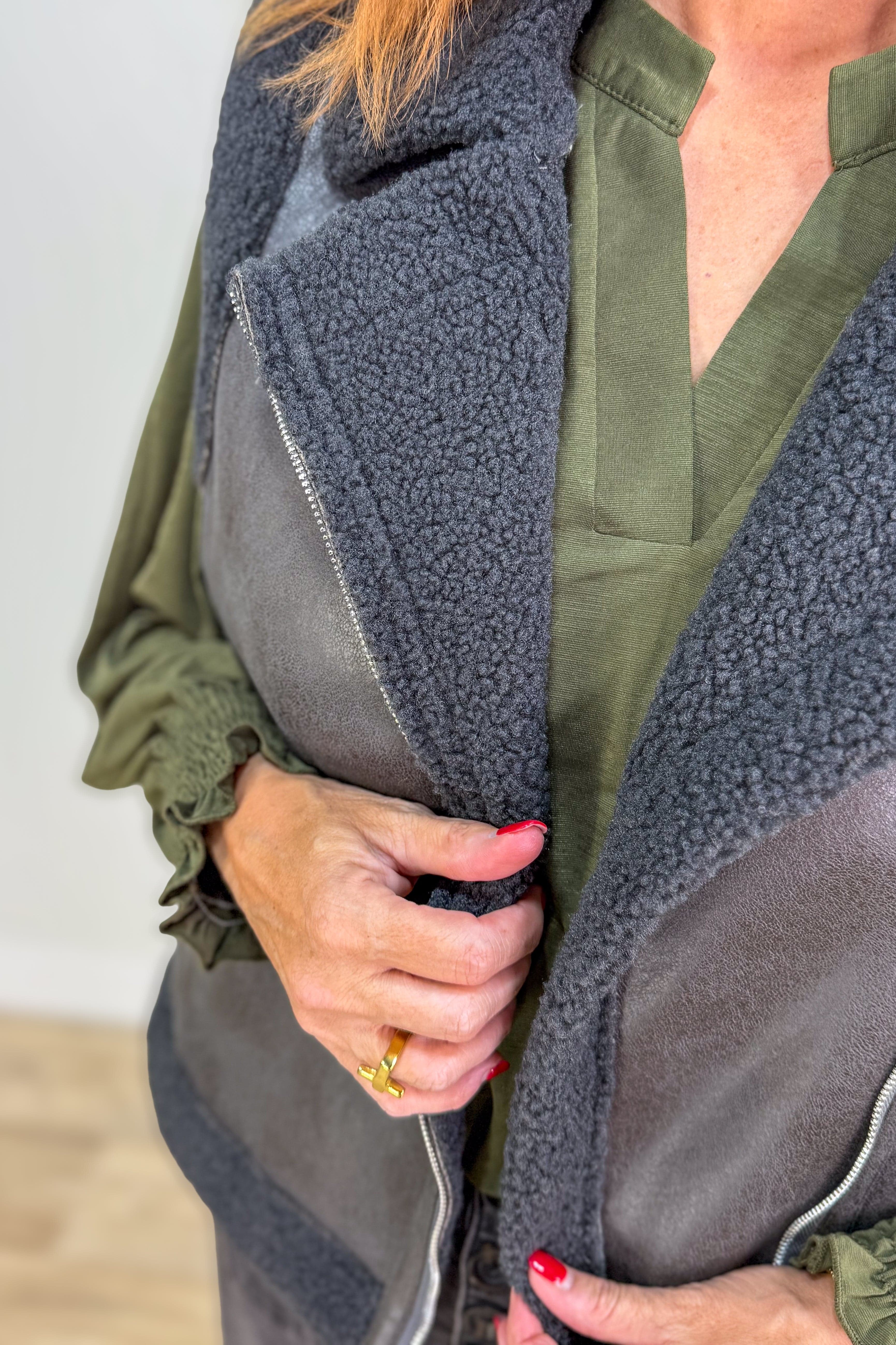 Black Leather Sherpa Vest detail