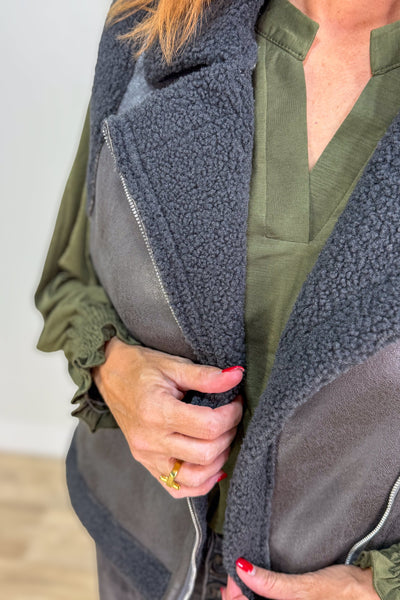 Black Leather Sherpa Vest detail