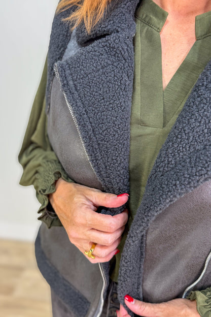 Black Leather Sherpa Vest detail