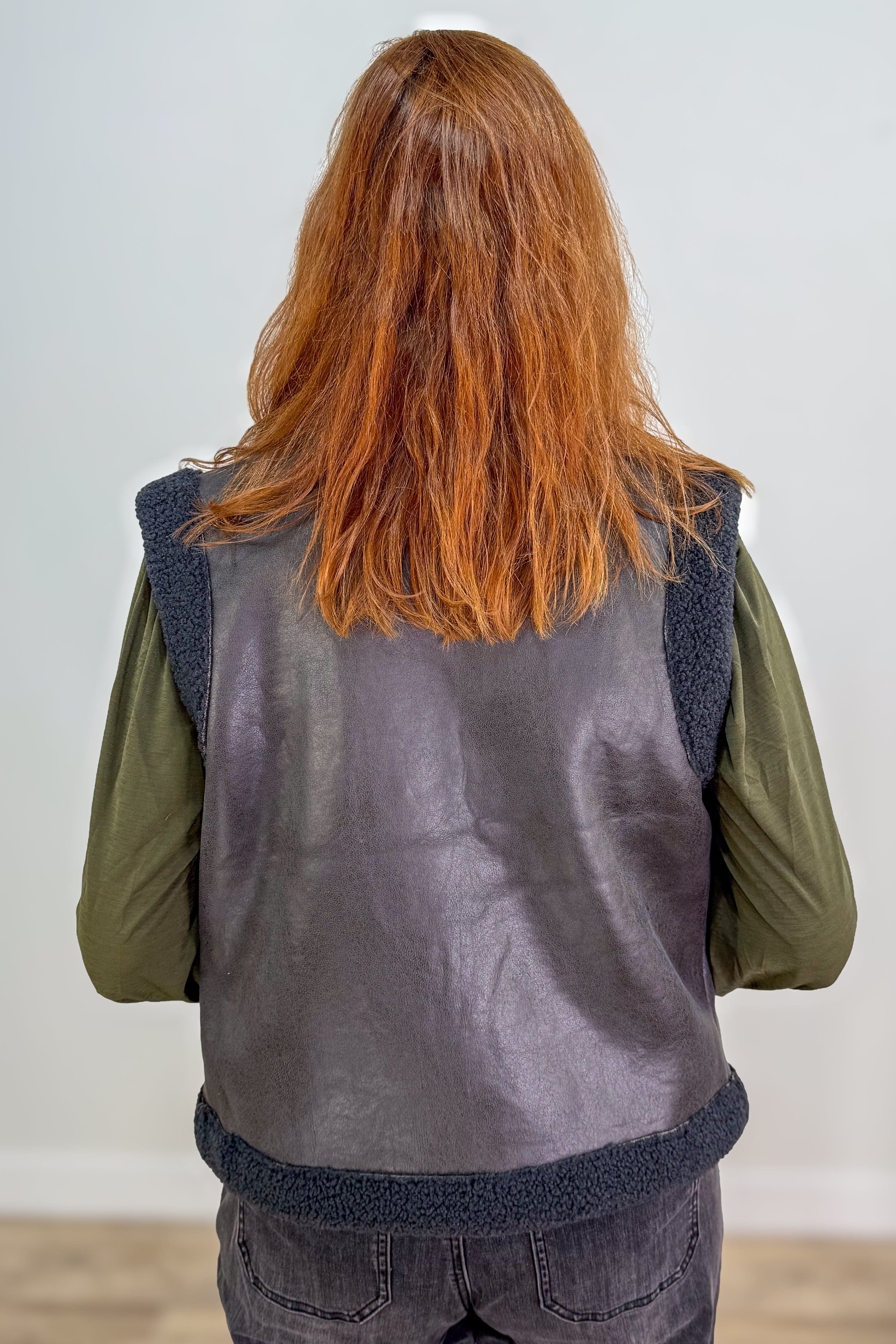 Black Leather Sherpa Vest back
