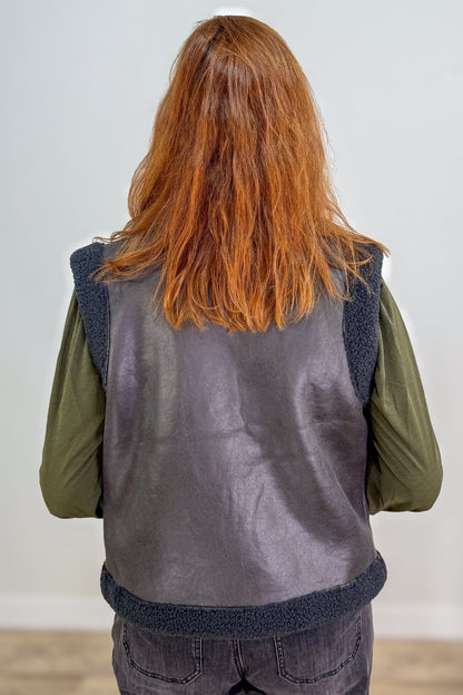 Black Leather Sherpa Vest back