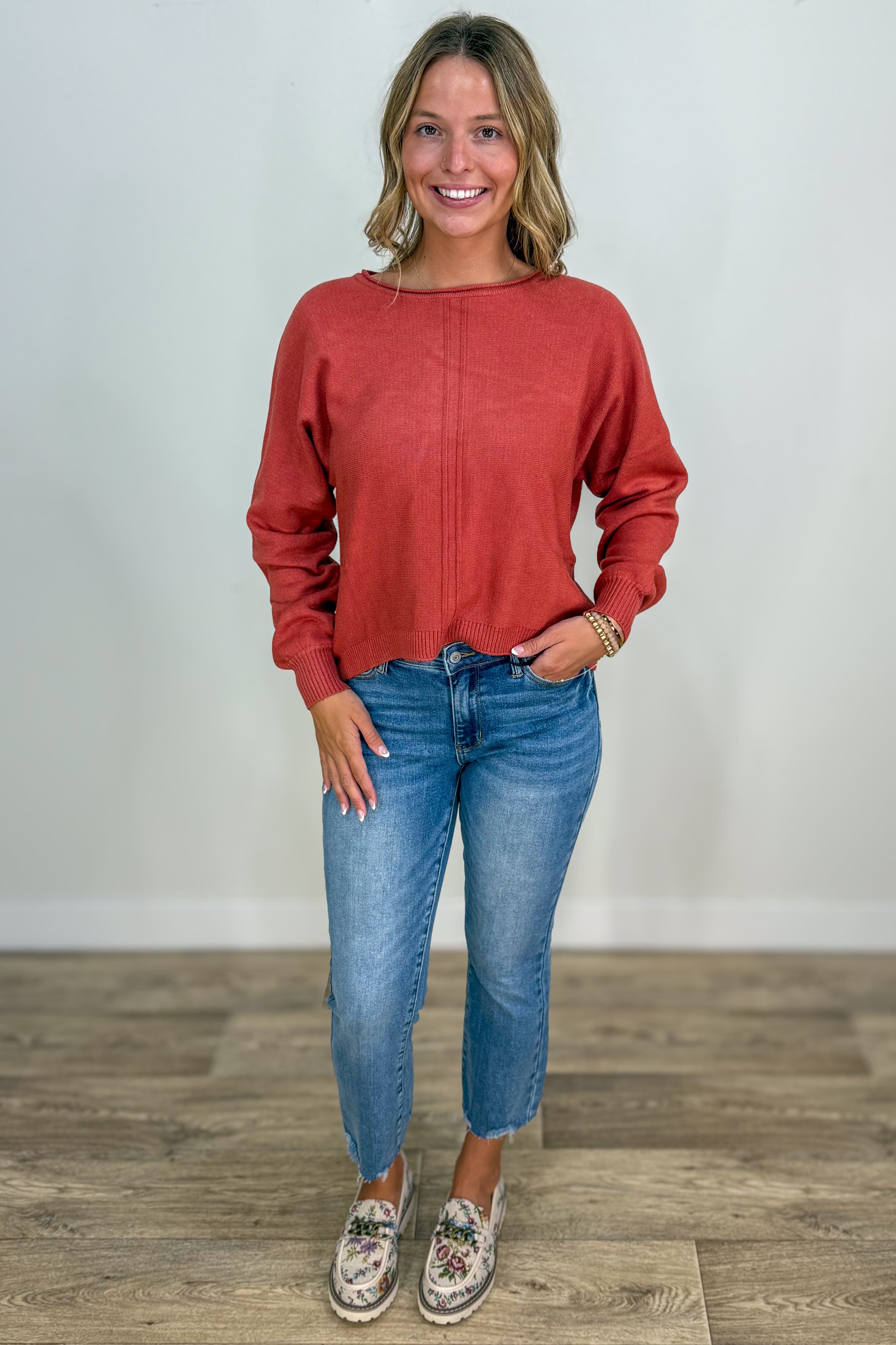 Heathered Rust Front Seam Round Neck Sweater styled