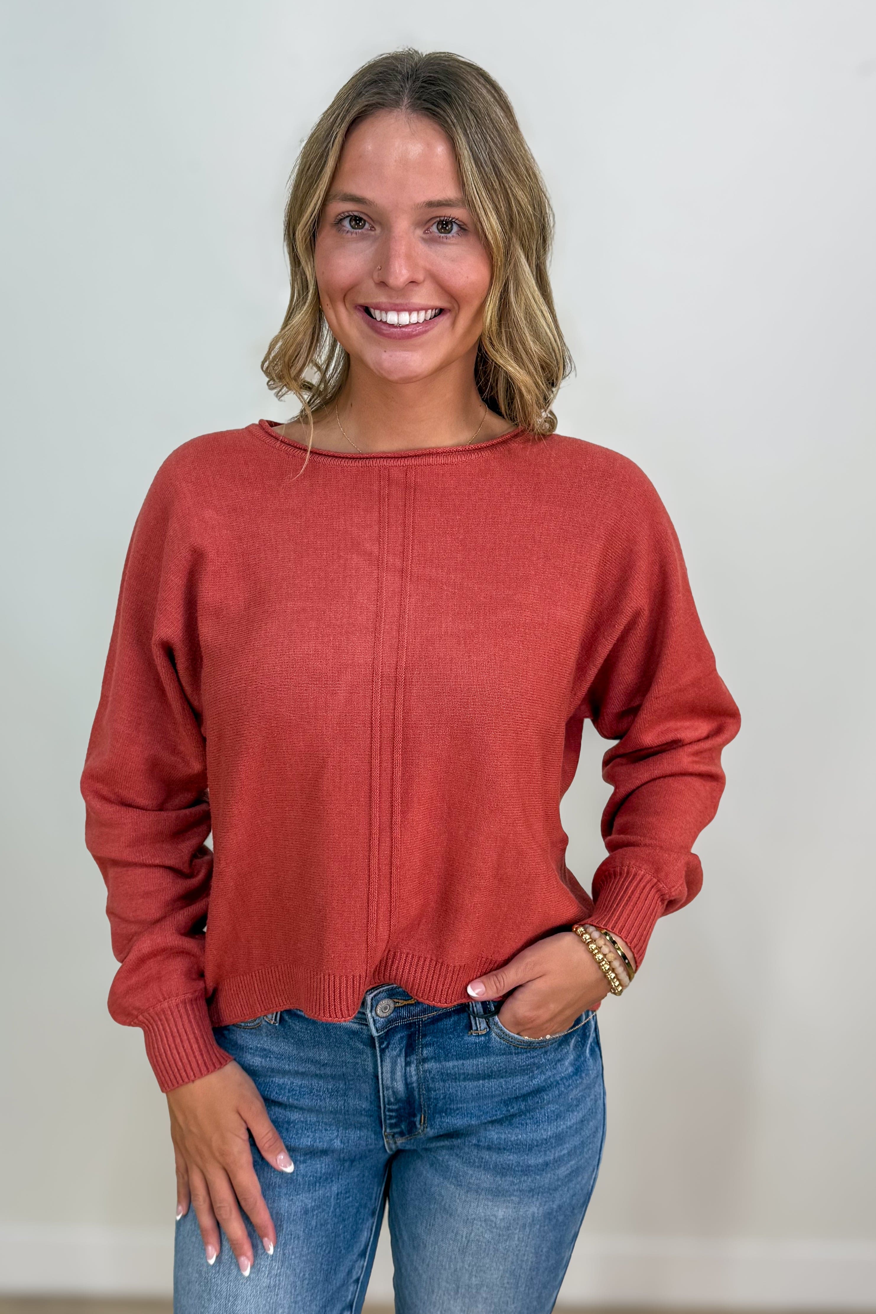 Heathered Rust Front Seam Round Neck Sweater