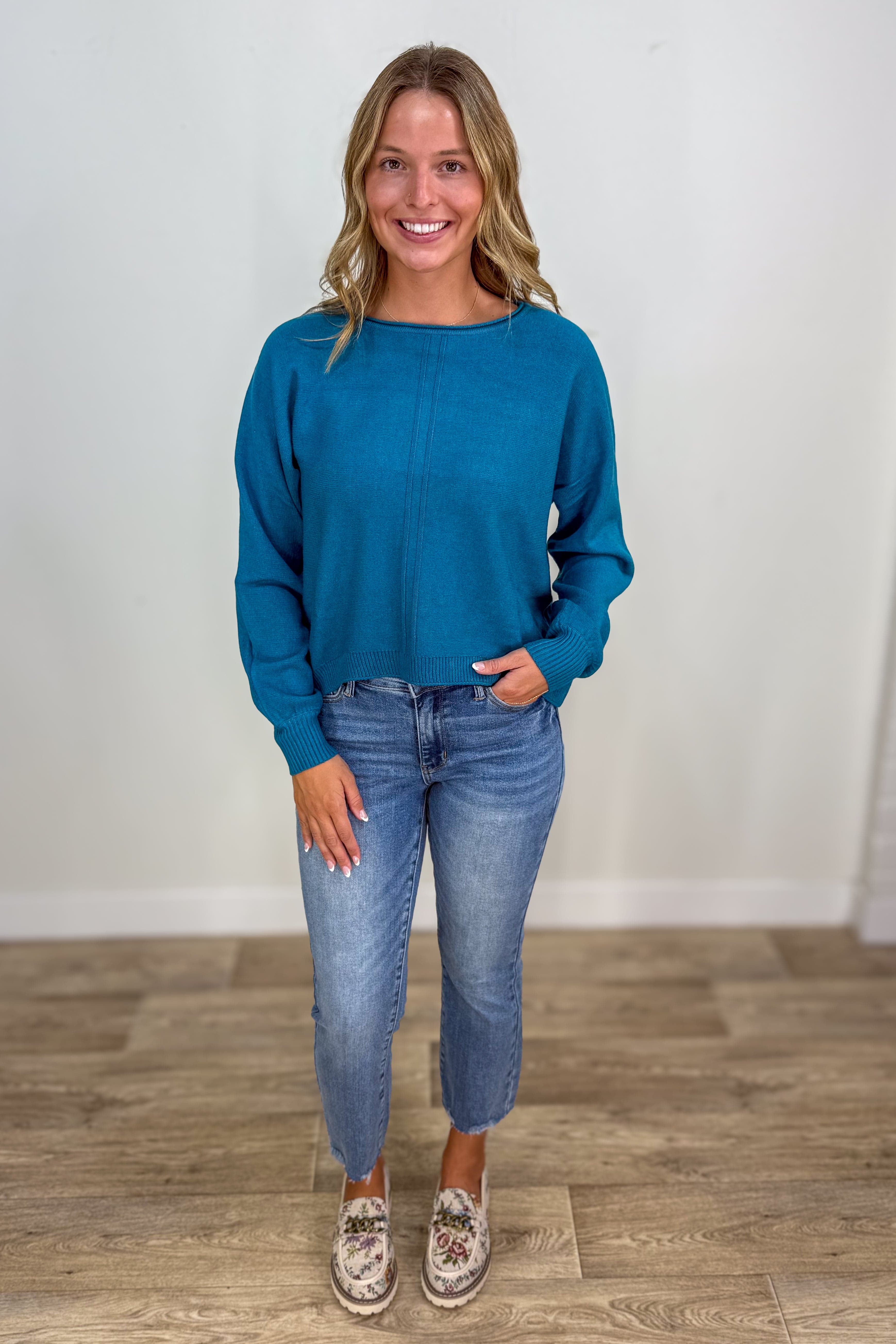 Heathered Ocean Teal Front Seam Round Neck Sweater styled