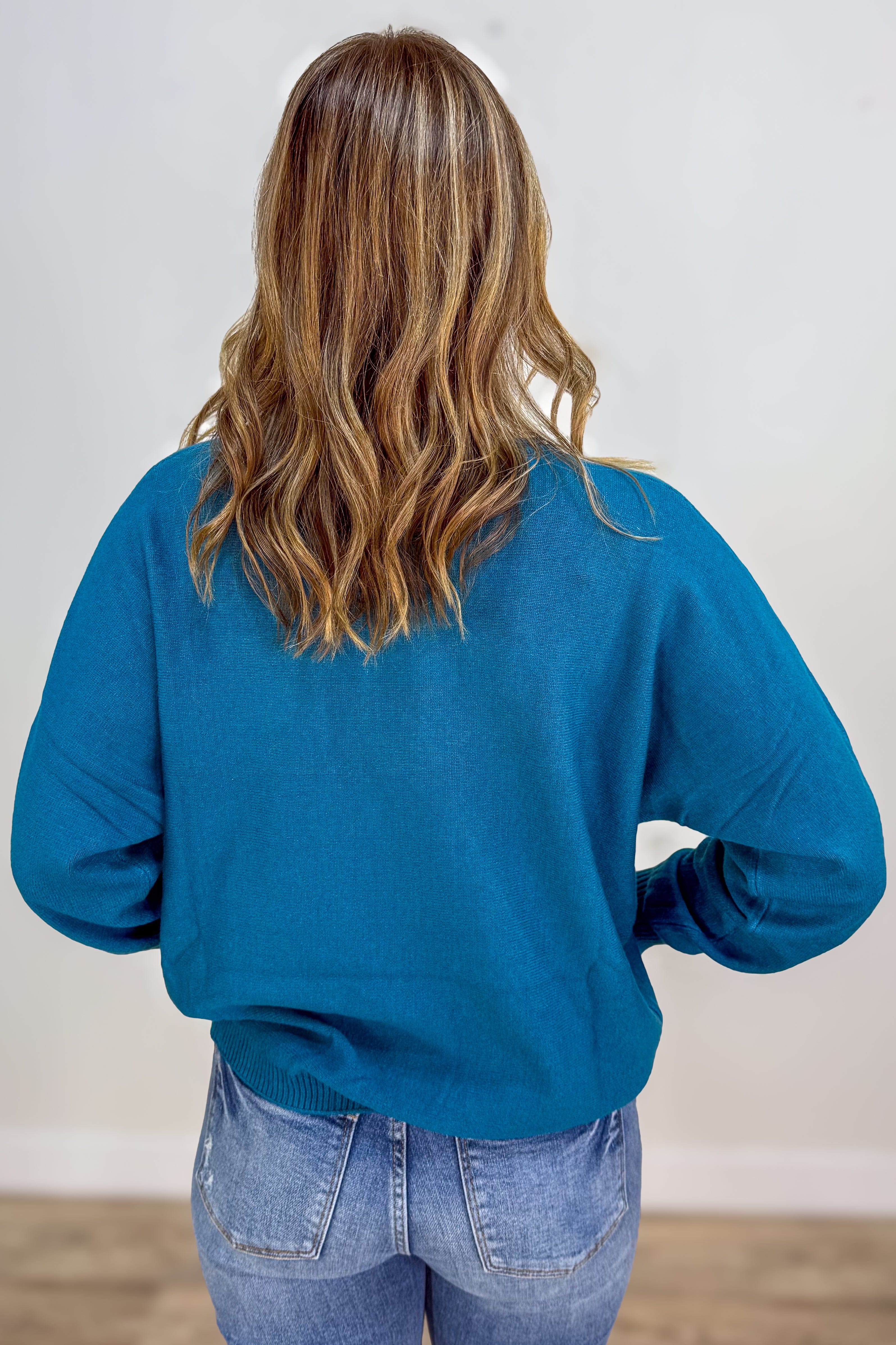 Heathered Ocean Teal Front Seam Round Neck Sweater back