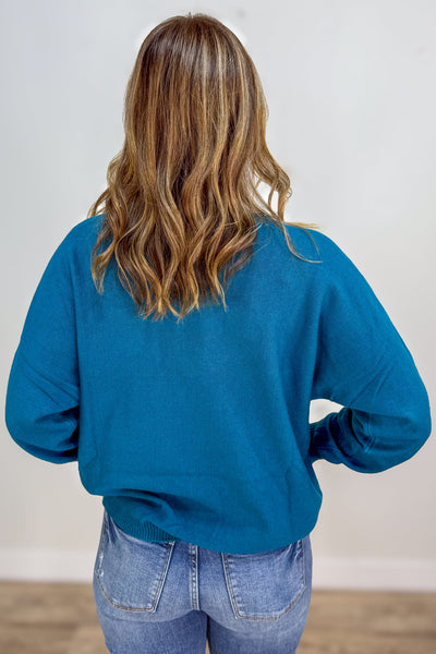 Heathered Ocean Teal Front Seam Round Neck Sweater back