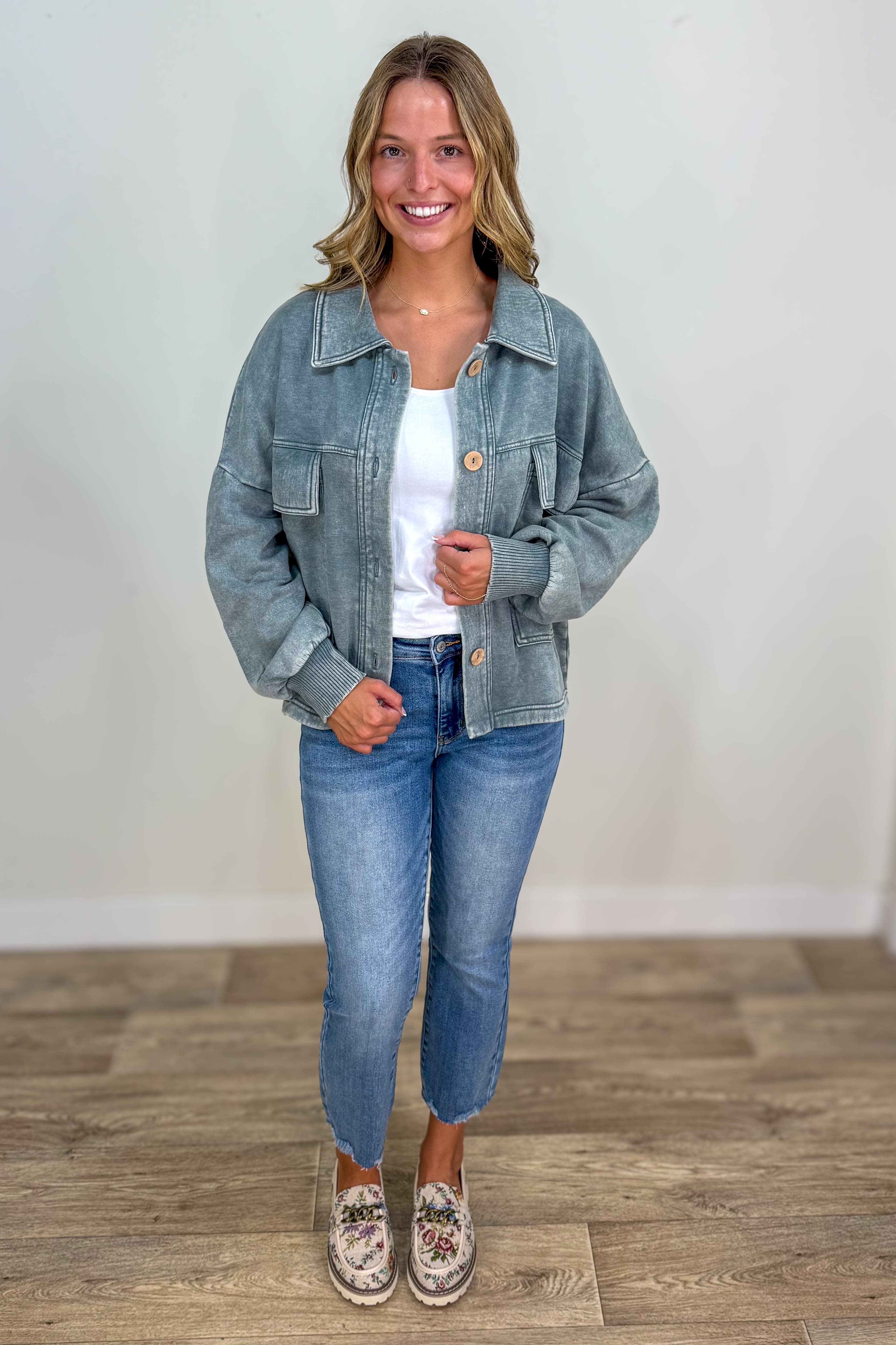Ash Jade Fleece Cropped Shacket styled