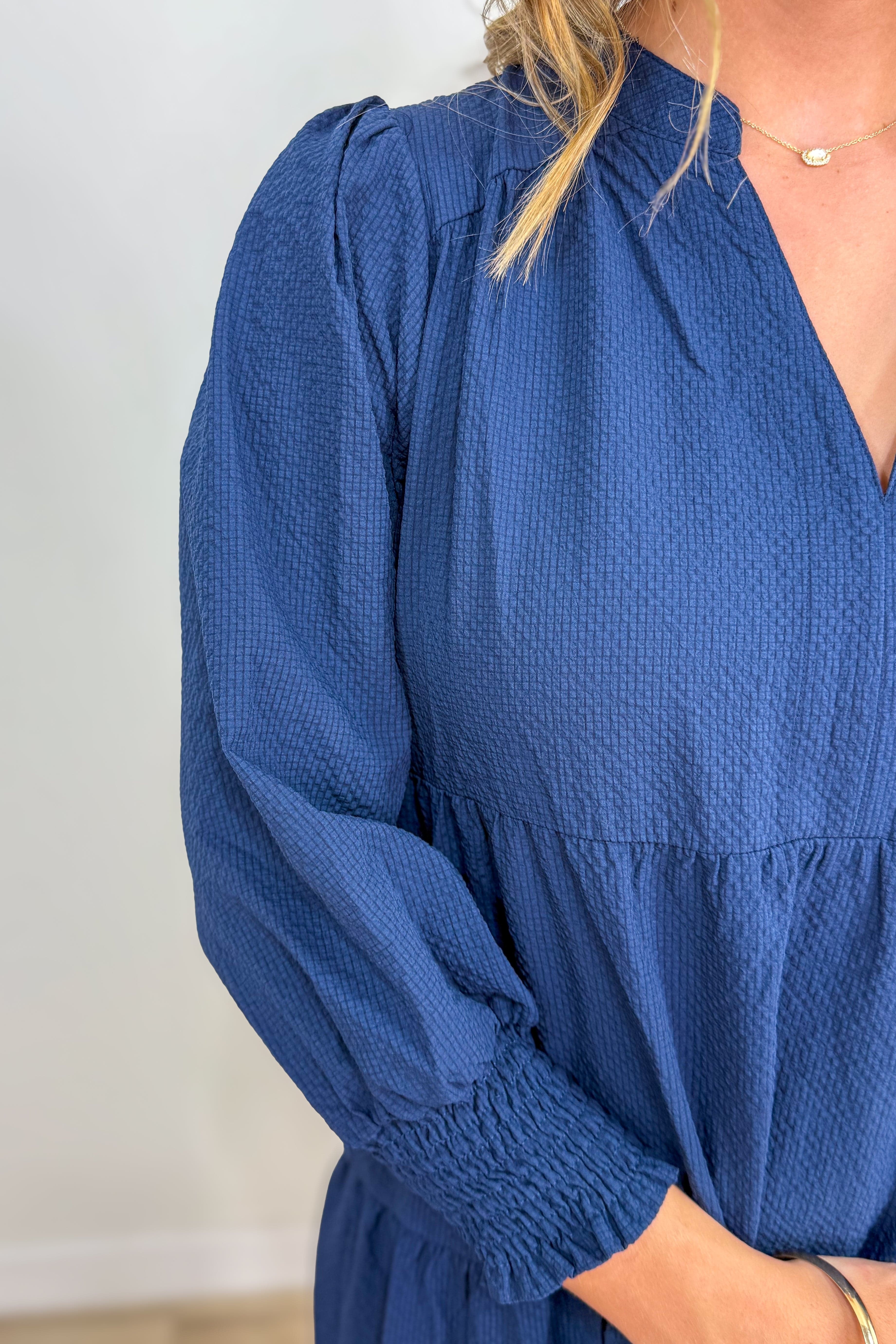 Navy Textured Split Neck Tiered Midi Dress detail