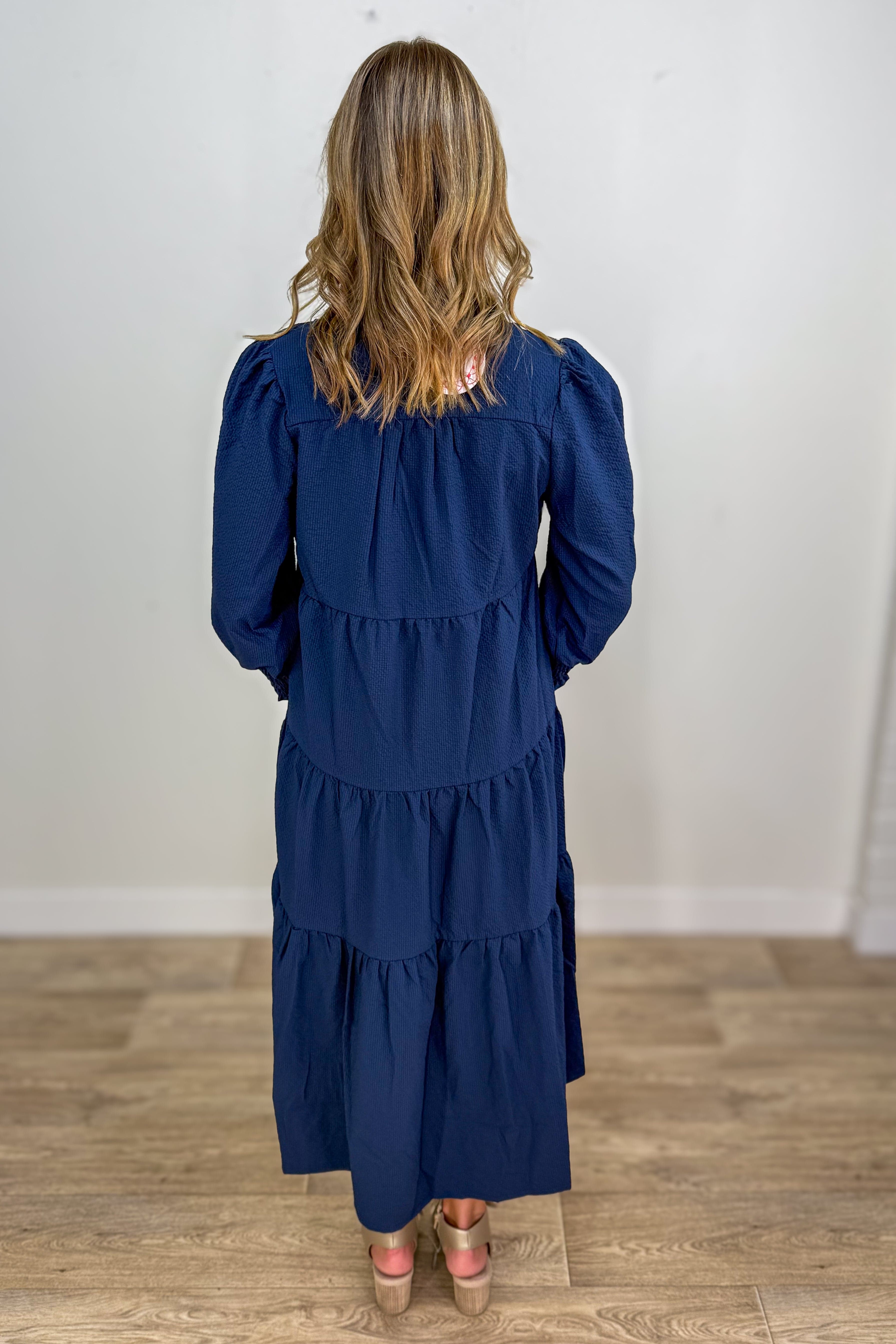Navy Textured Split Neck Tiered Midi Dress back