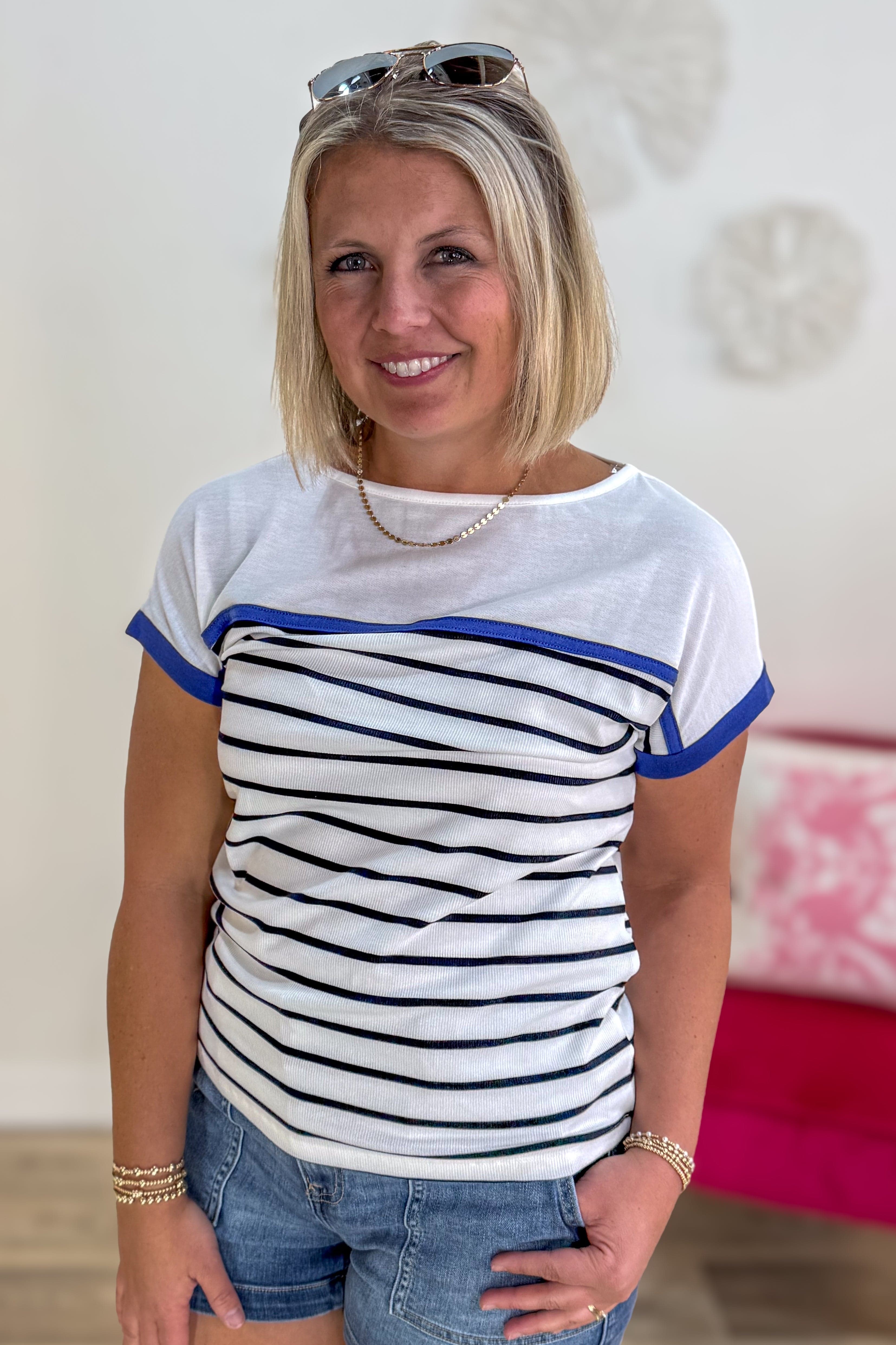 Ivory & Royal Color Trimmed Stripe Top