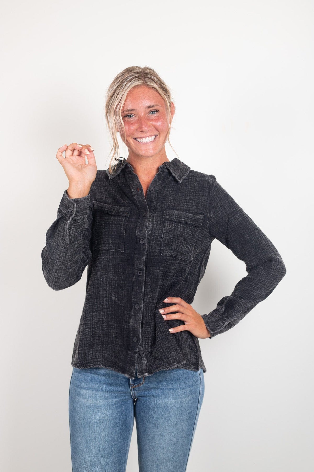 Black Washed Gauze Collared Button Down