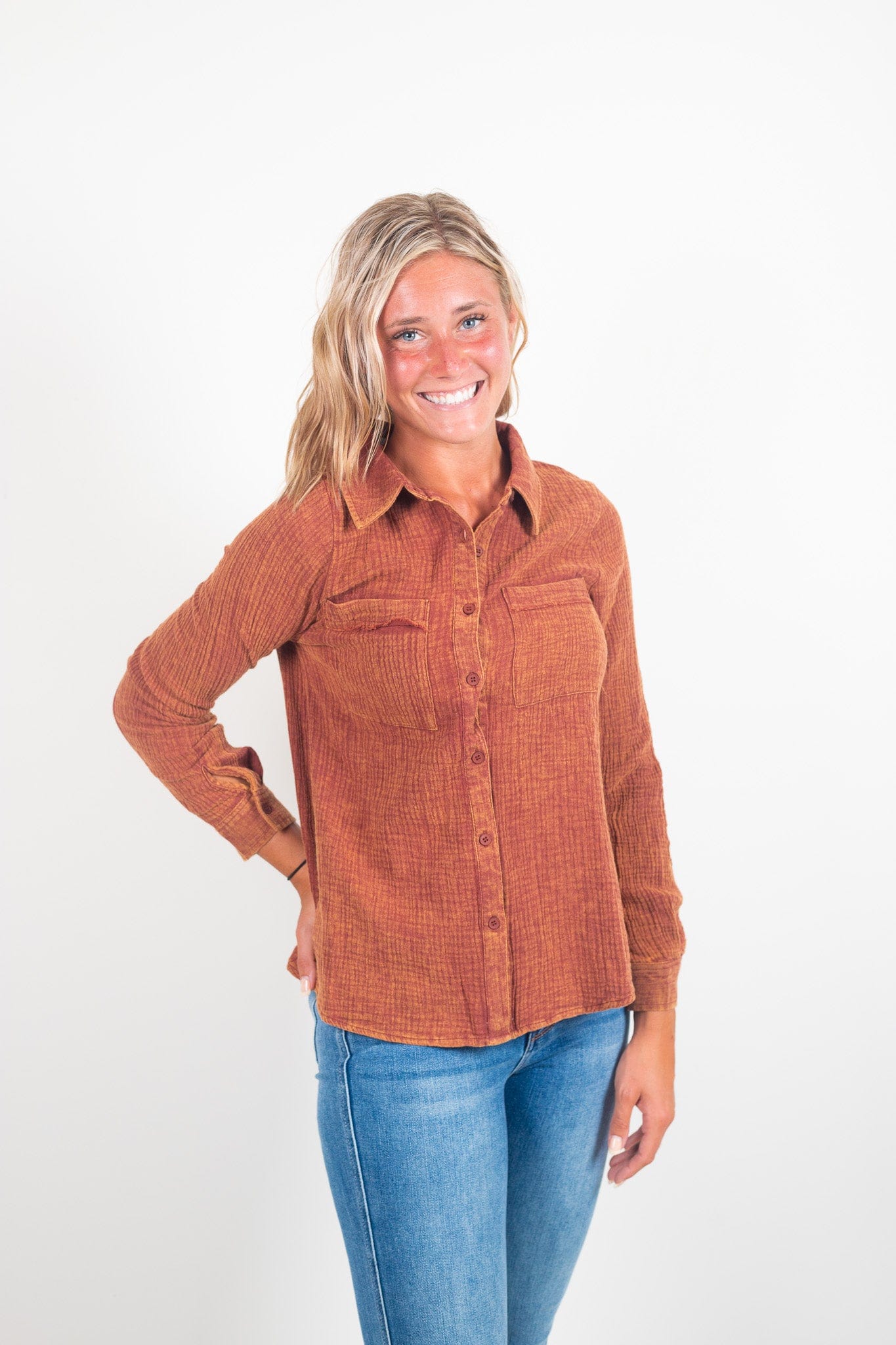 Brick Washed Gauze Collared Button Down