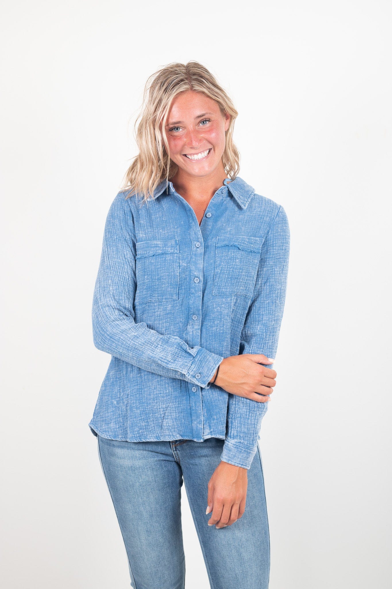 Denim Washed Gauze Collared Button Down