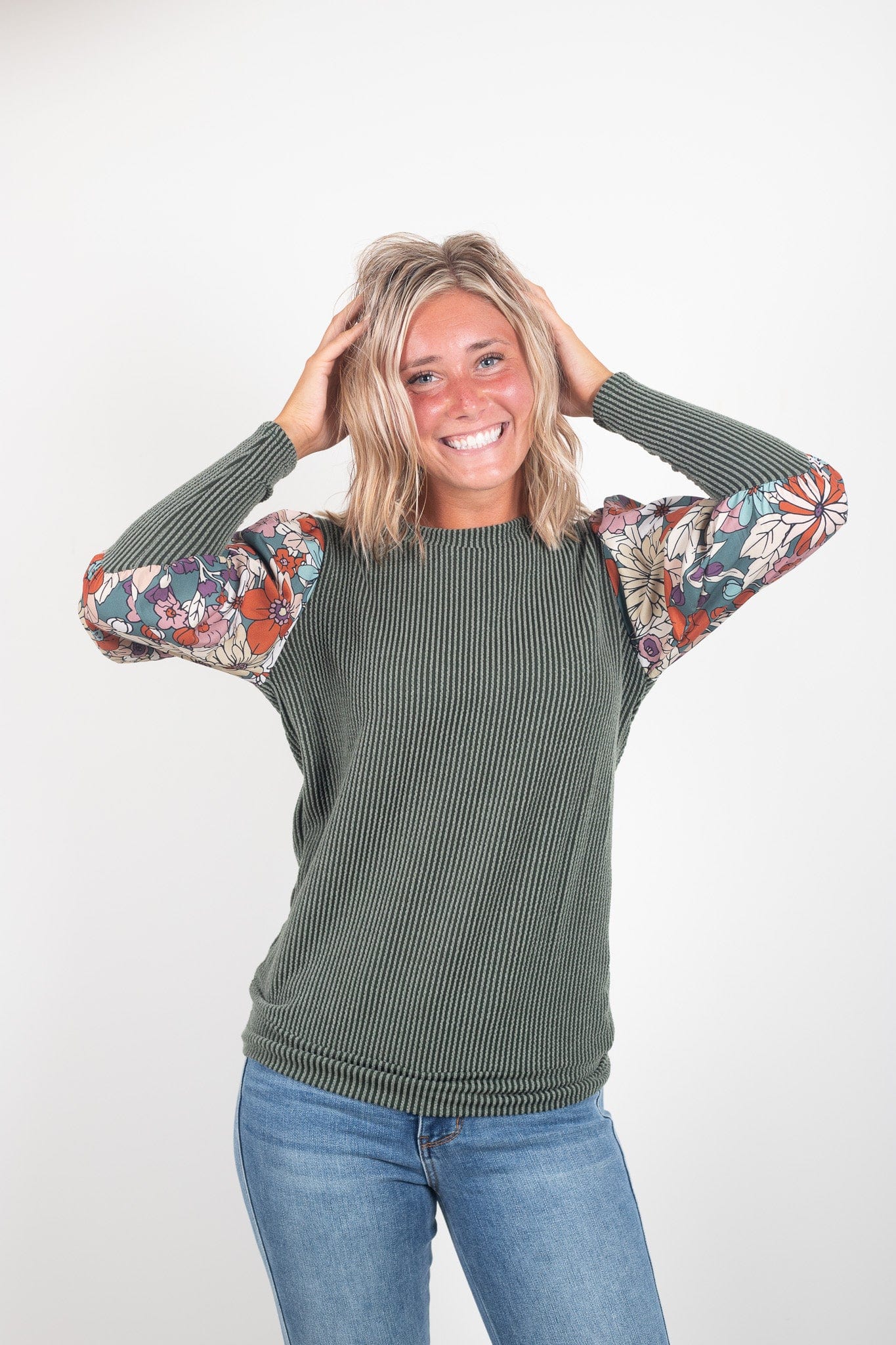 Olive Top With Floral Sleeves