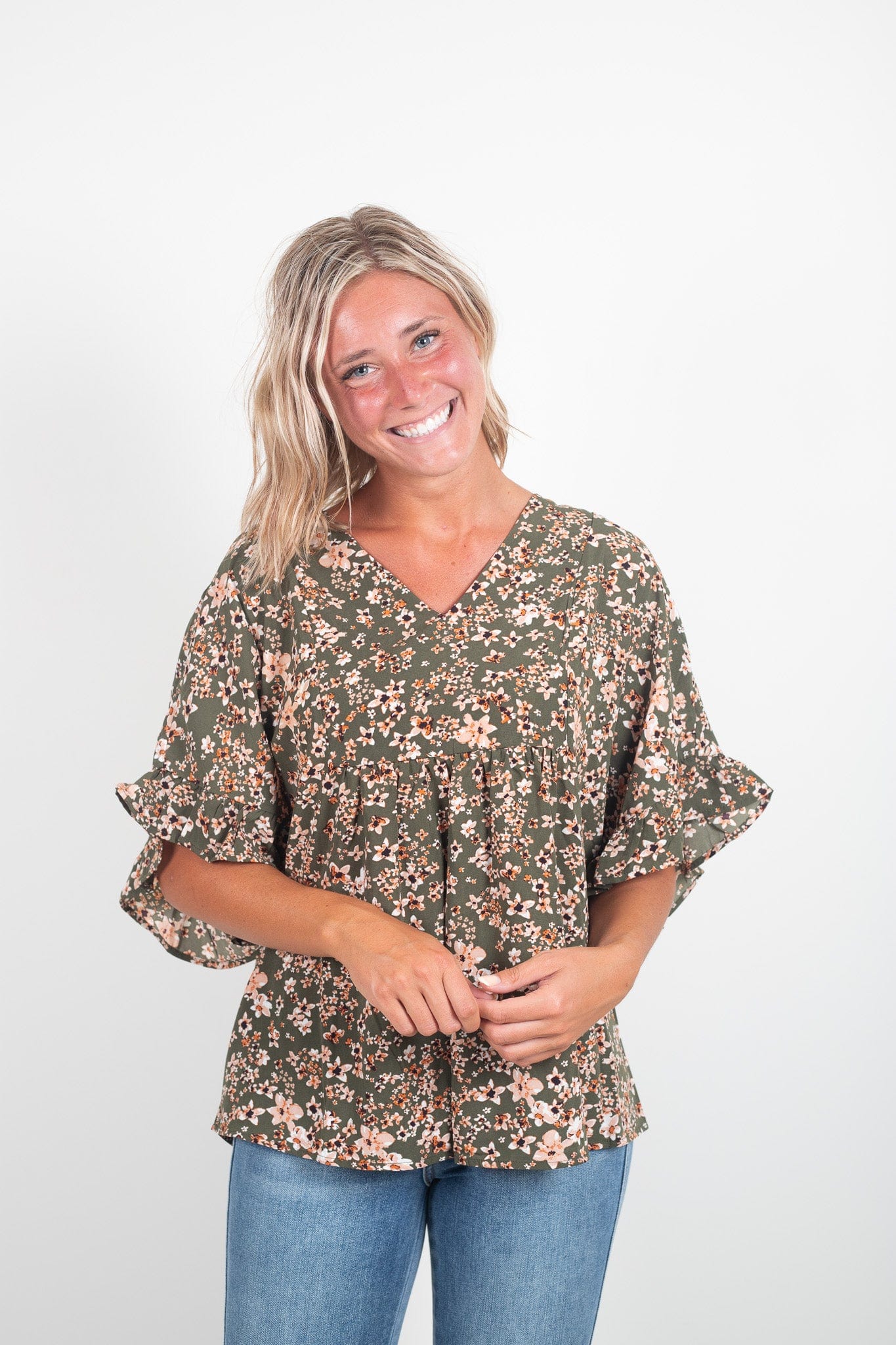 Olive Floral Ruffle Sleeve Blouse