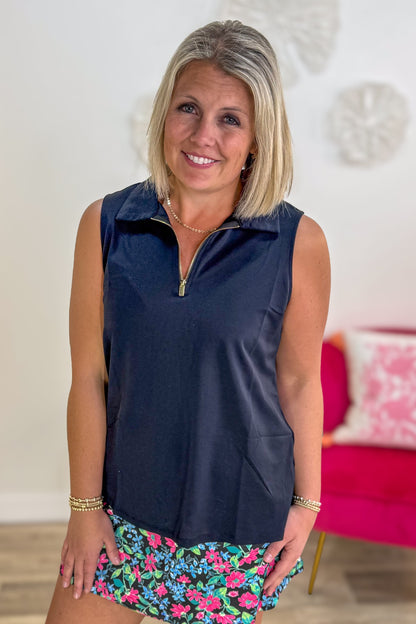 Jet Black Sleeveless 1/4 Zip Sundial Top