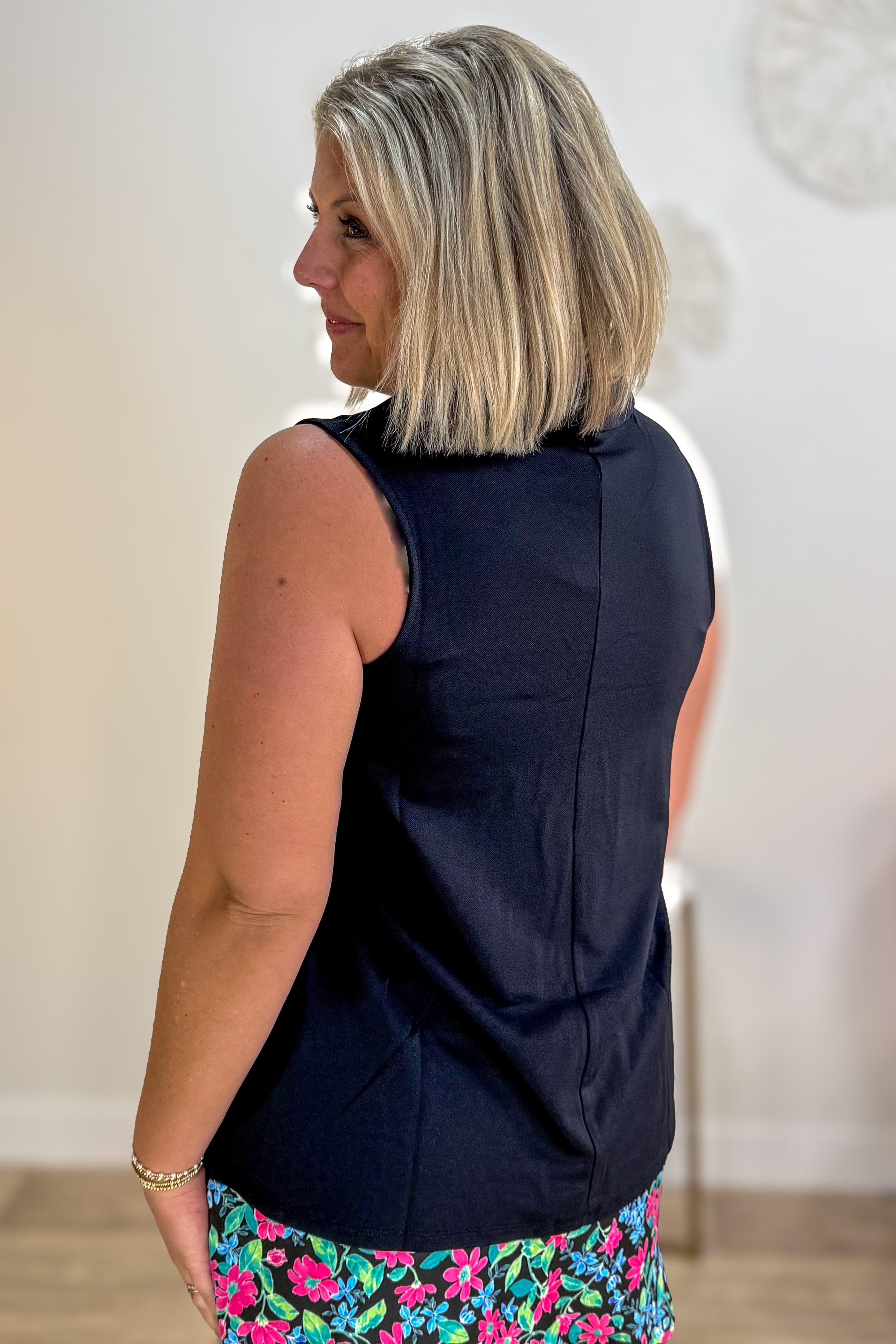 Jet Black Sleeveless 1/4 Zip Sundial Top Back