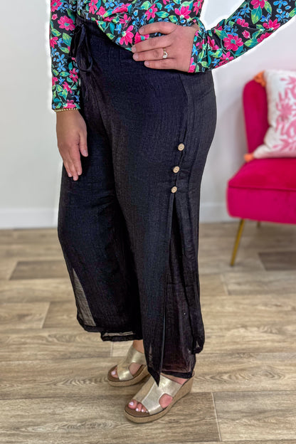 Black Flowy Side Button Gauze Pant Detail