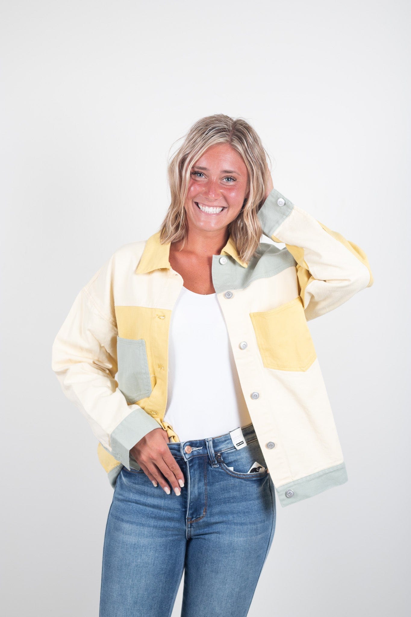 Cream & Yellow Colorblock Denim Jacket