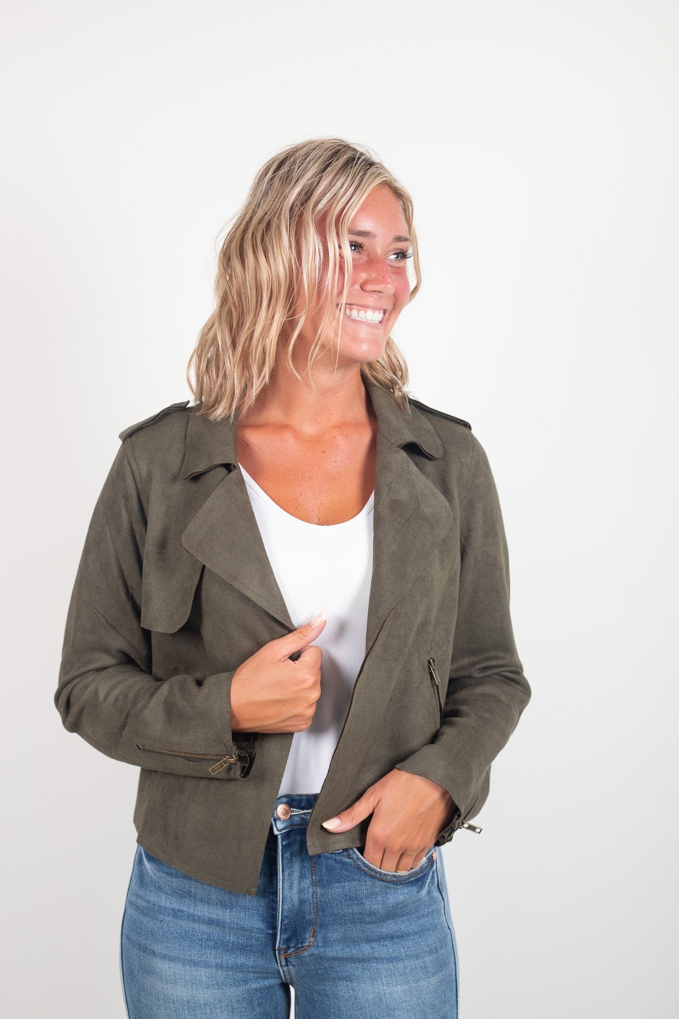 Olive Cropped Suede Jacket