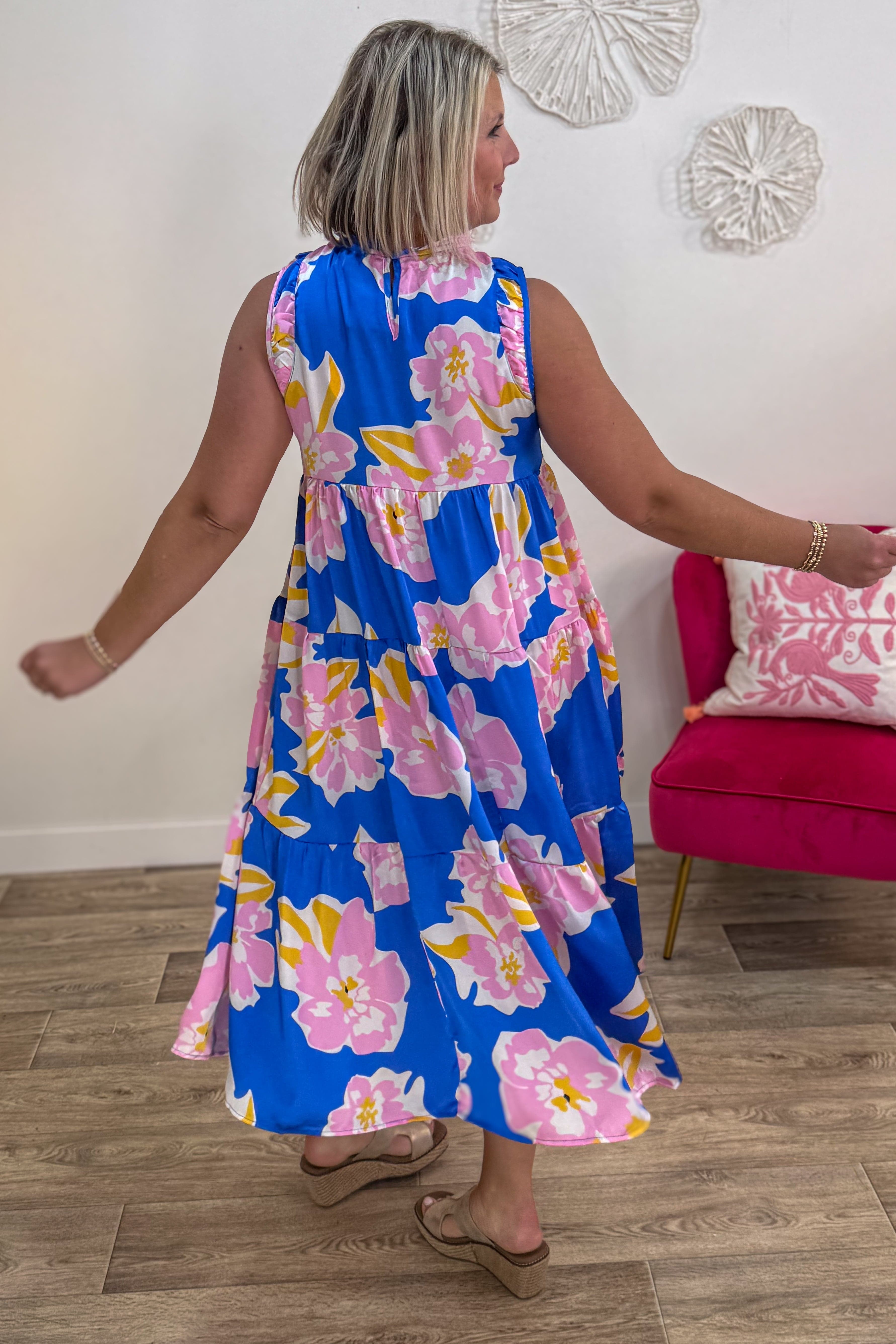 Royal Mix Floral Sleeveless Tiered Maxi Dress back
