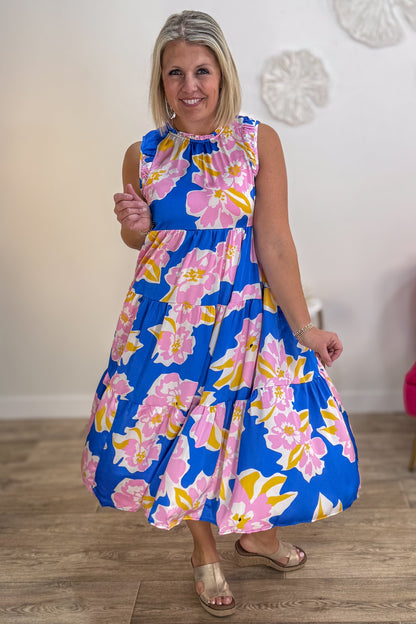 Royal Mix Floral Sleeveless Tiered Maxi Dress