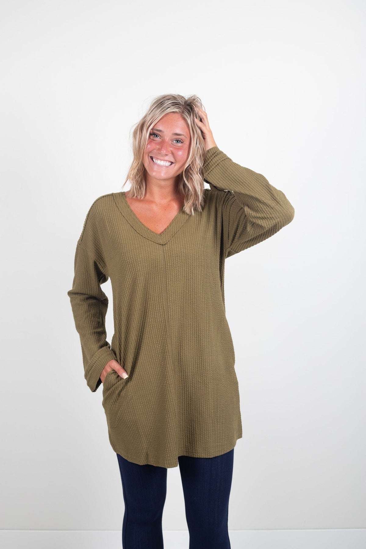 Olive Ribbed Longsleeve Cuff Detail Top