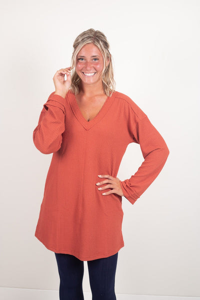 Rust Ribbed Longsleeve Cuff Detail Top