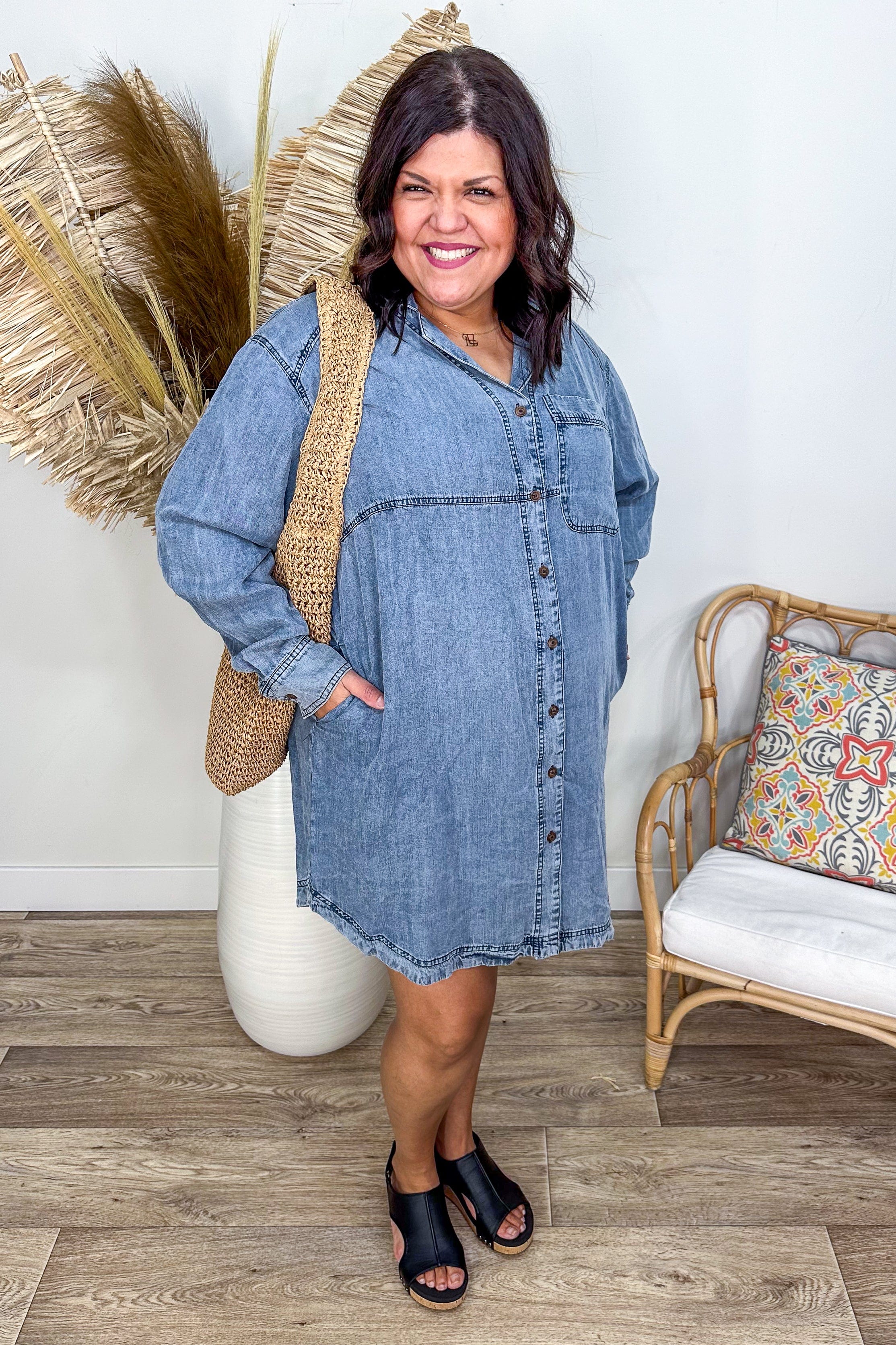 Denim Wash Button Up Dress styled