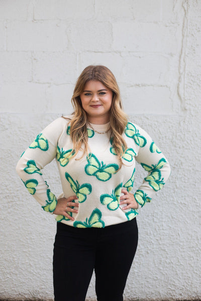 Green Butterfly Crew Neck Sweater
