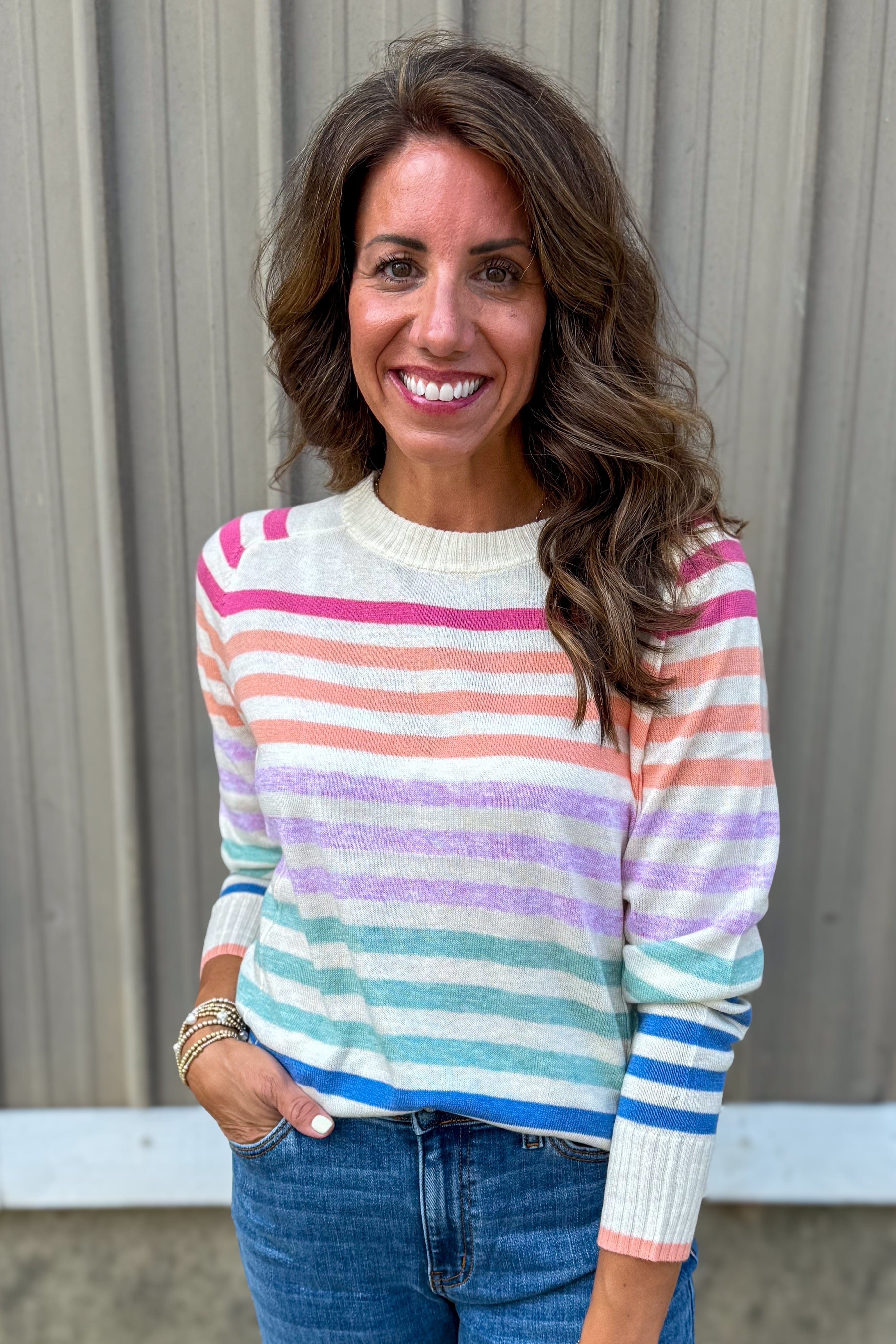 Pink/Orange Multi Stripe Crewneck Sweater