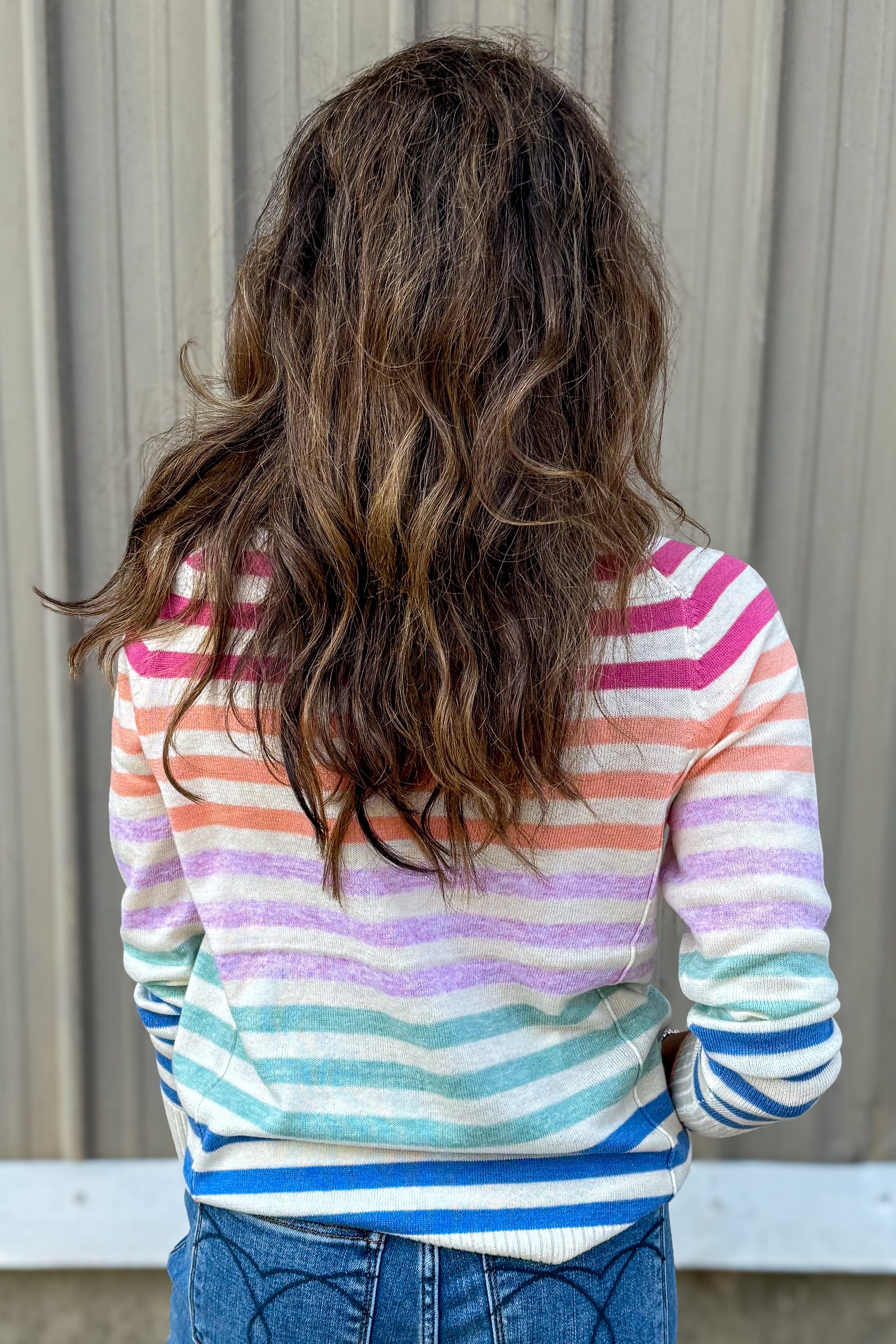 Pink/Orange Multi Stripe Crewneck Sweater back