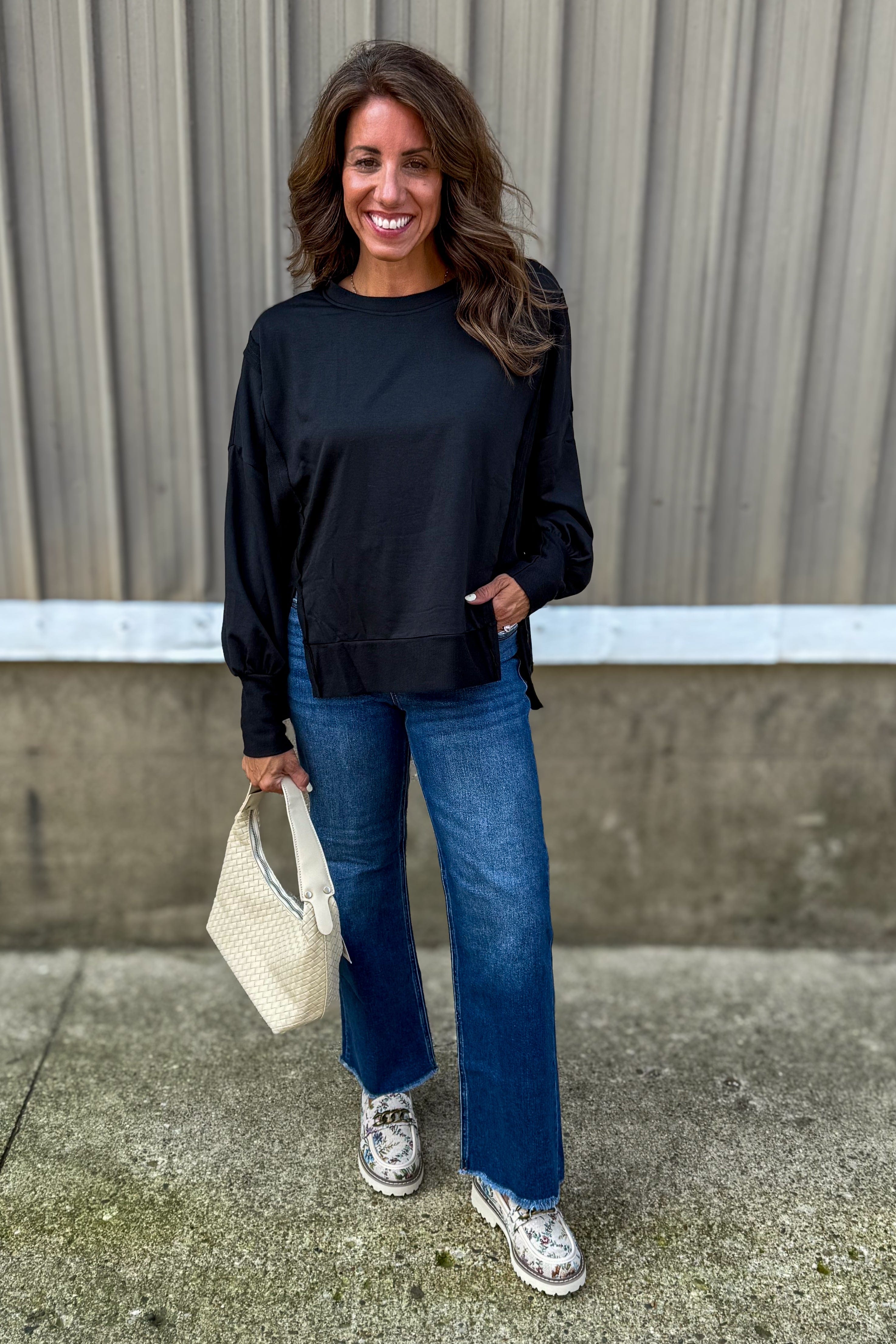 Black Long Sleeve High-Low Top styled