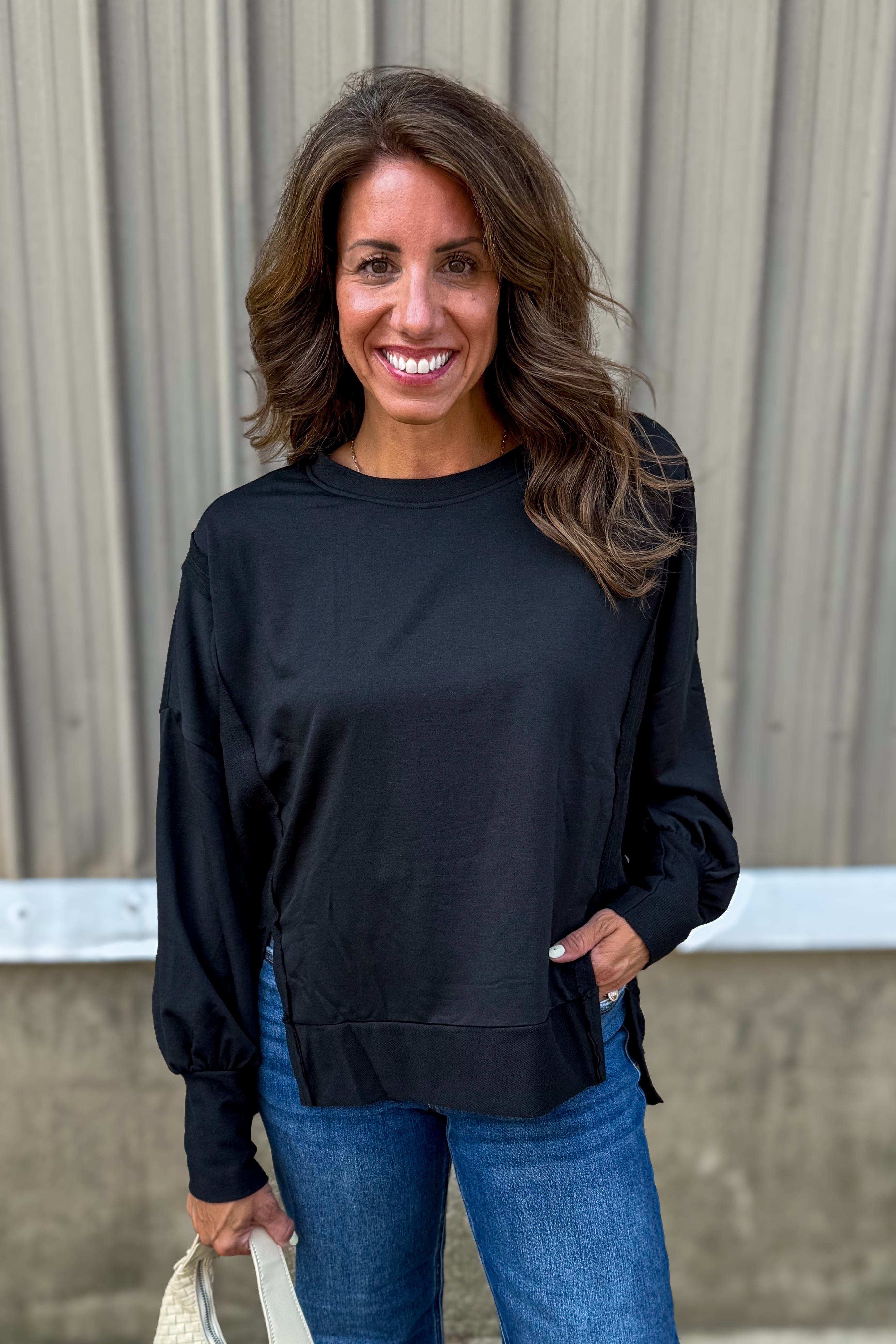 Black Long Sleeve High-Low Top