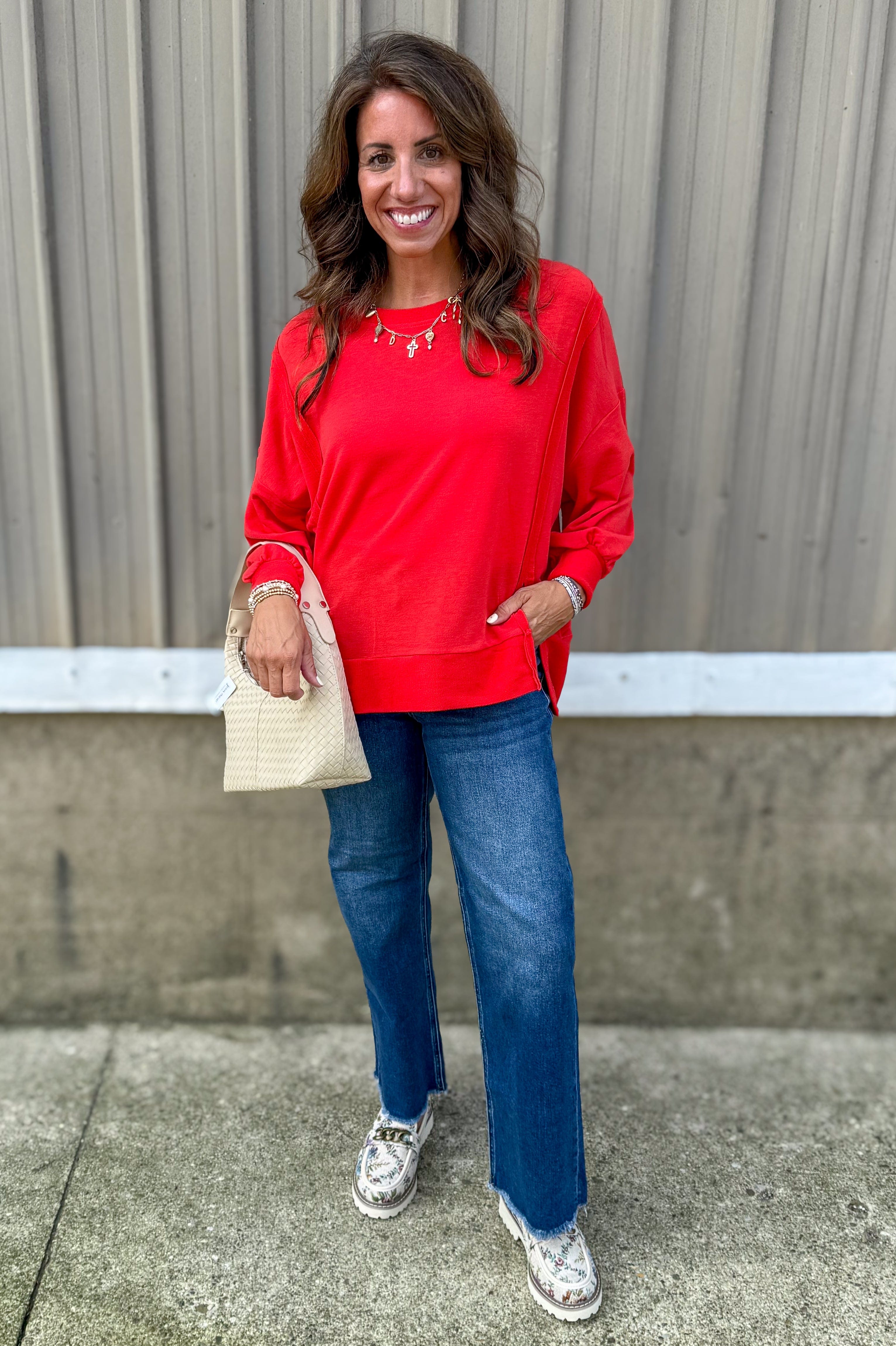 Red Long Sleeve High-Low Top styled