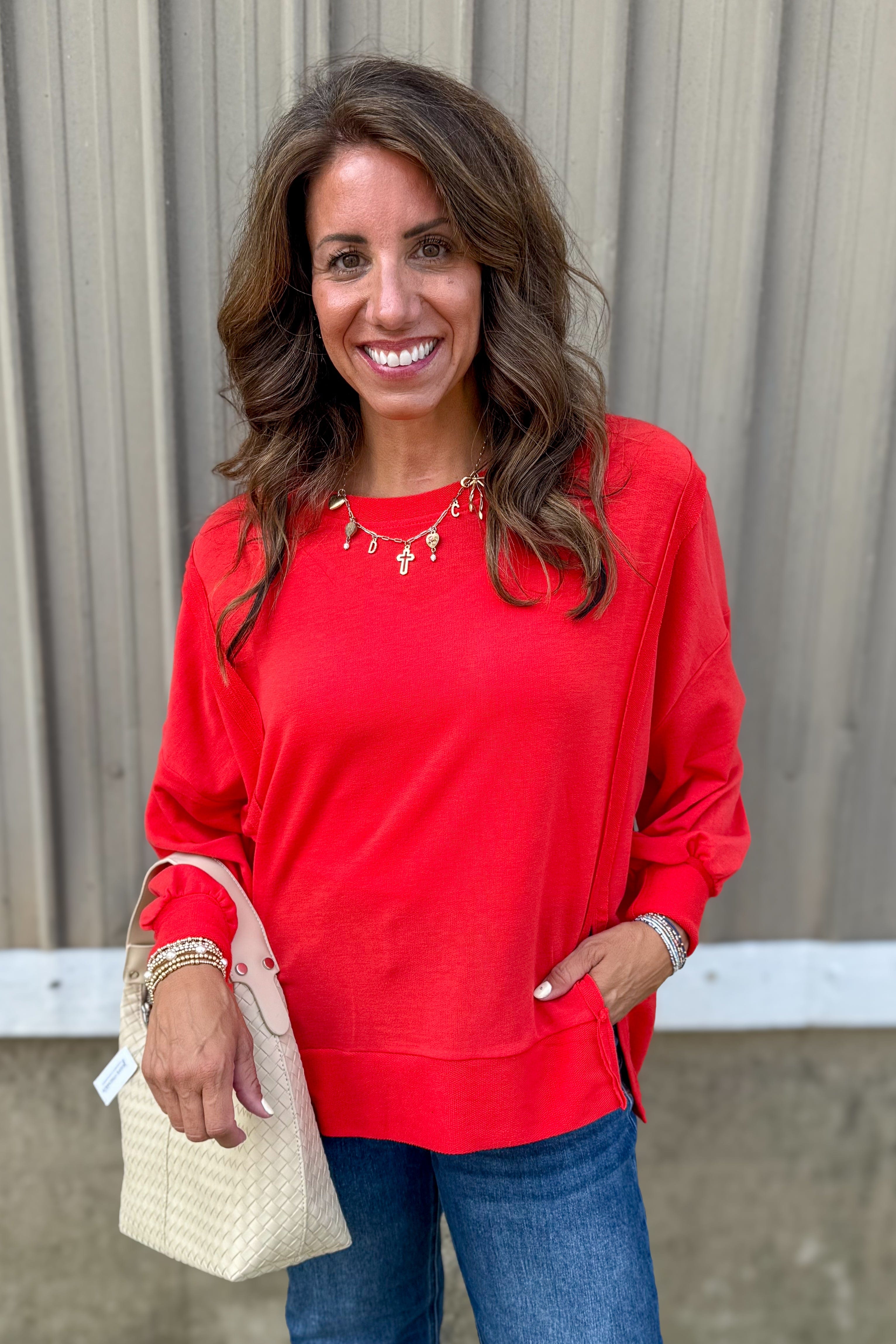Red Long Sleeve High-Low Top