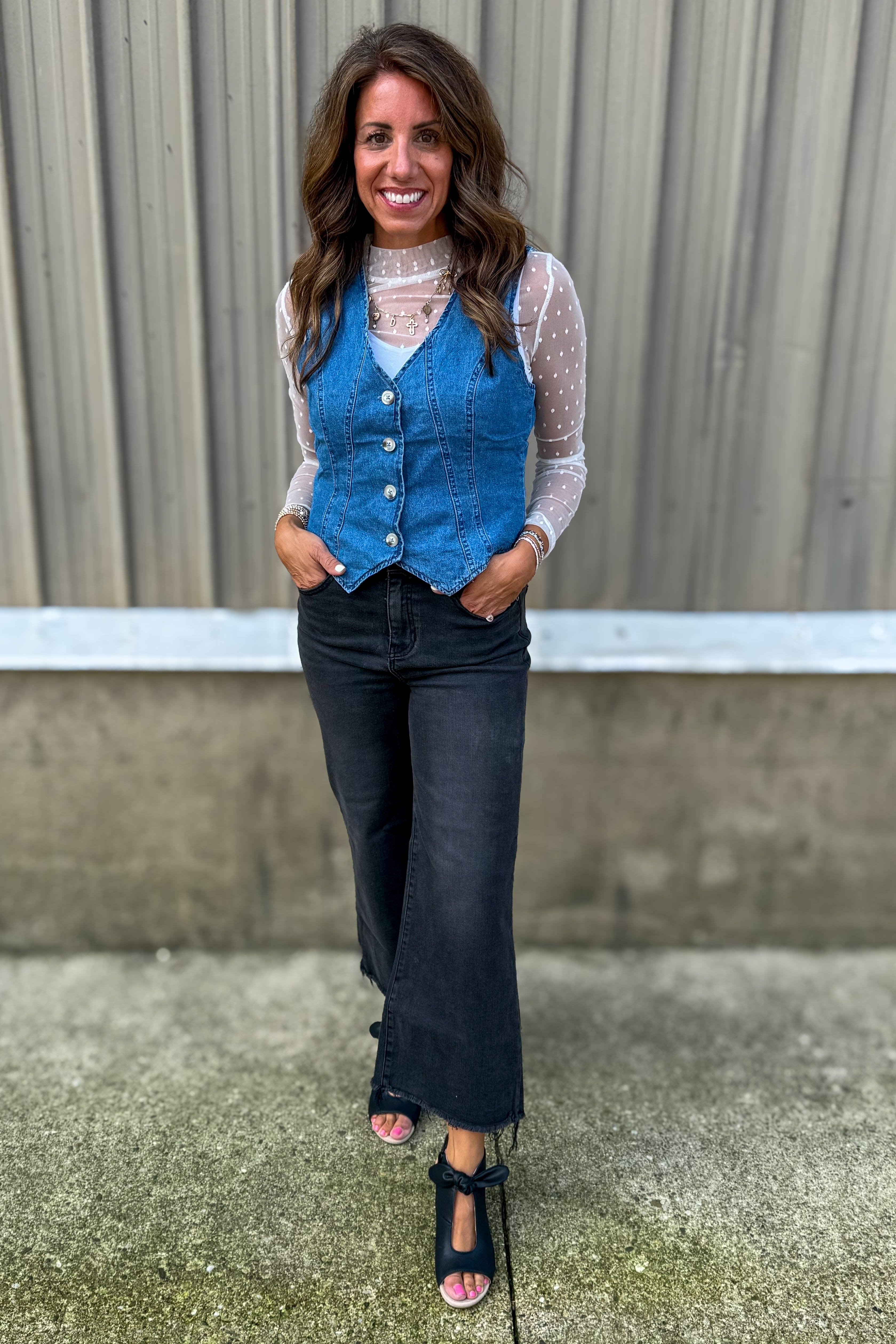 Medium Denim Button Up Vest styled