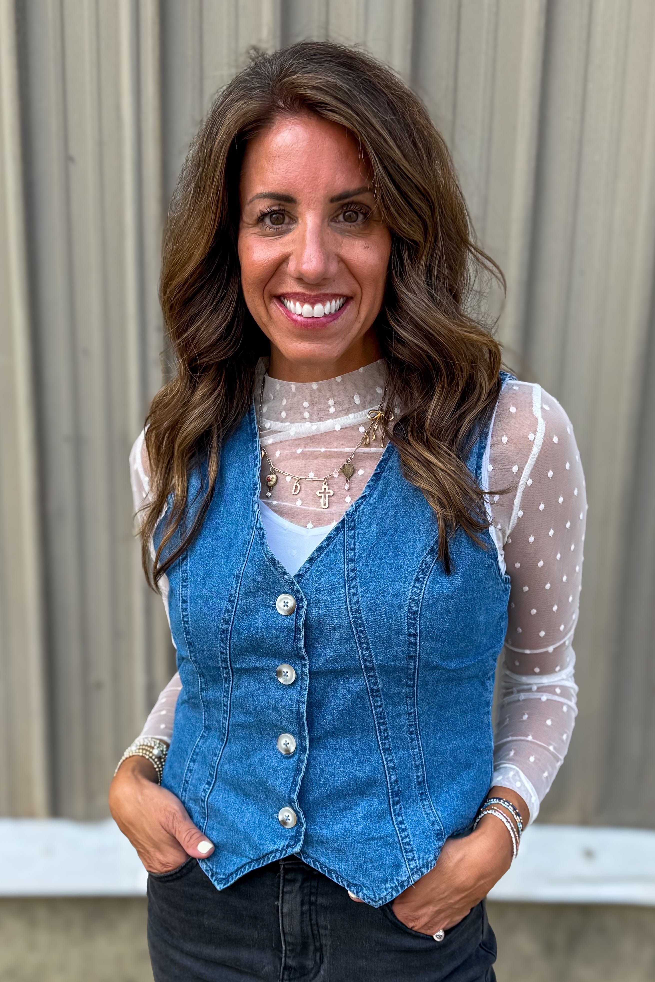 Medium Denim Button Up Vest with lace top under