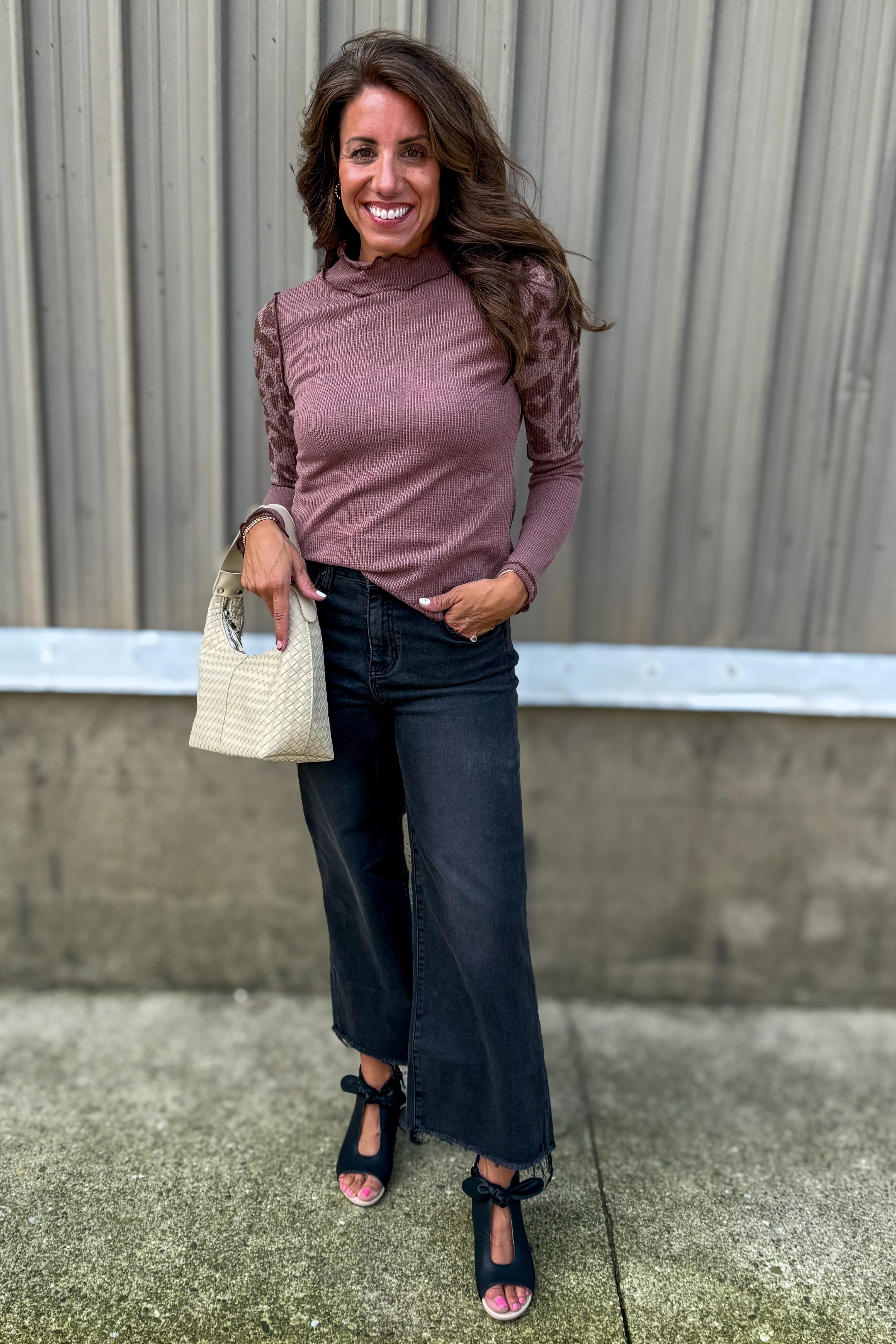 Mauve Mock Neck Animal Print Sleeve Sweater styled