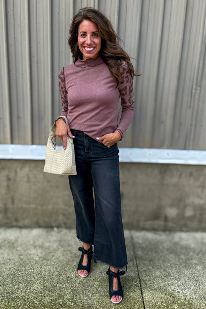Mauve Mock Neck Animal Print Sleeve Sweater styled