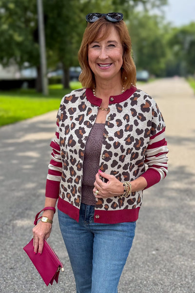 Burgundy Contrast Stripe Leopard Print Cardigan