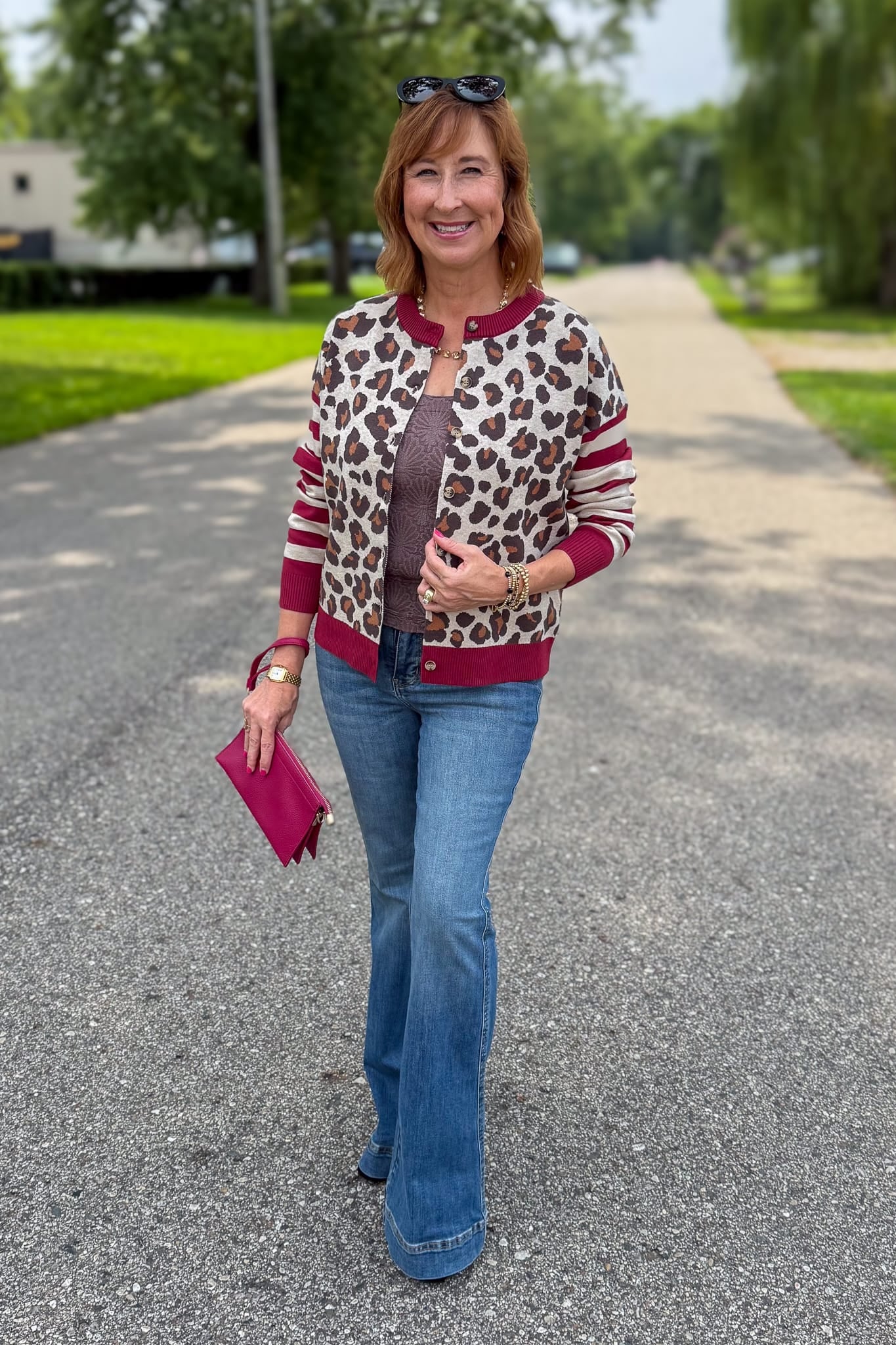 Burgundy Contrast Stripe Leopard Print Cardigan