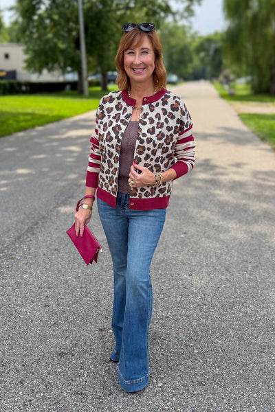 Burgundy Contrast Stripe Leopard Print Cardigan