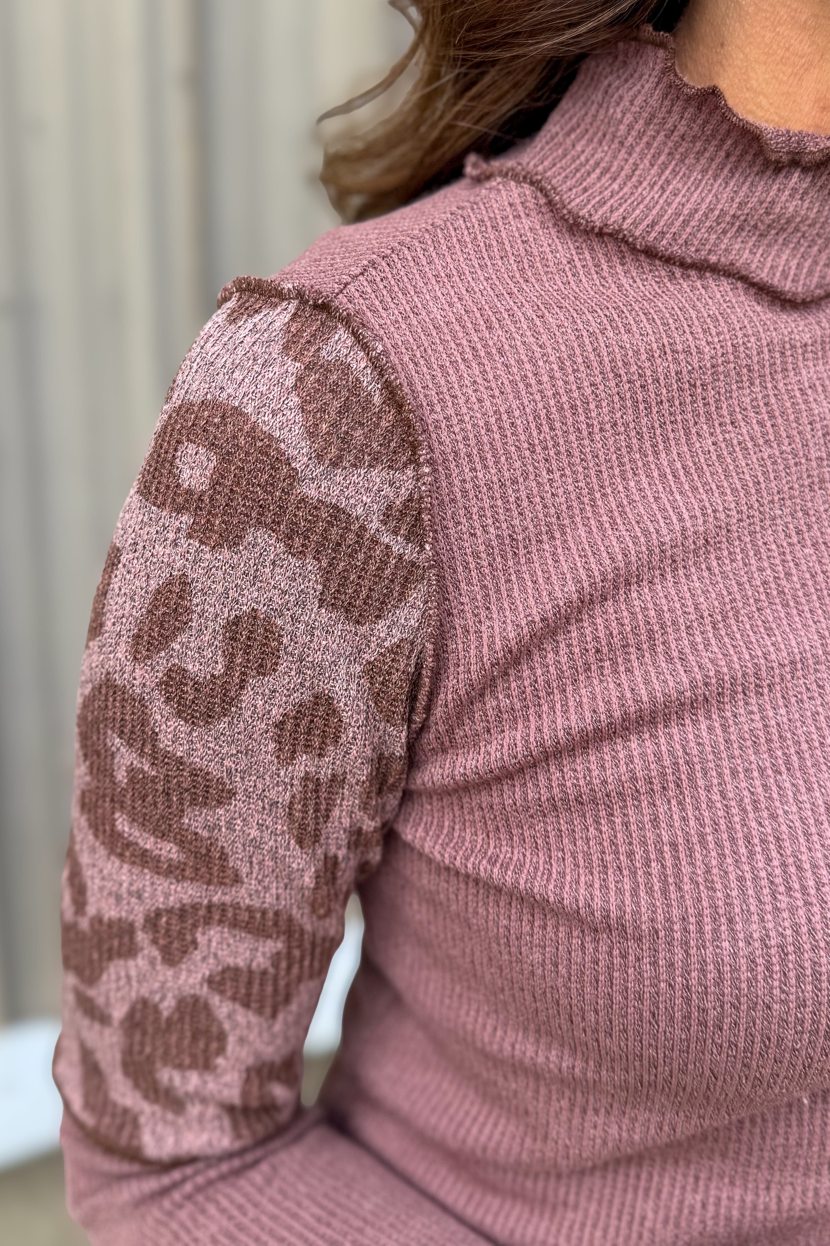 Mauve Mock Neck Animal Print Sleeve Sweater details