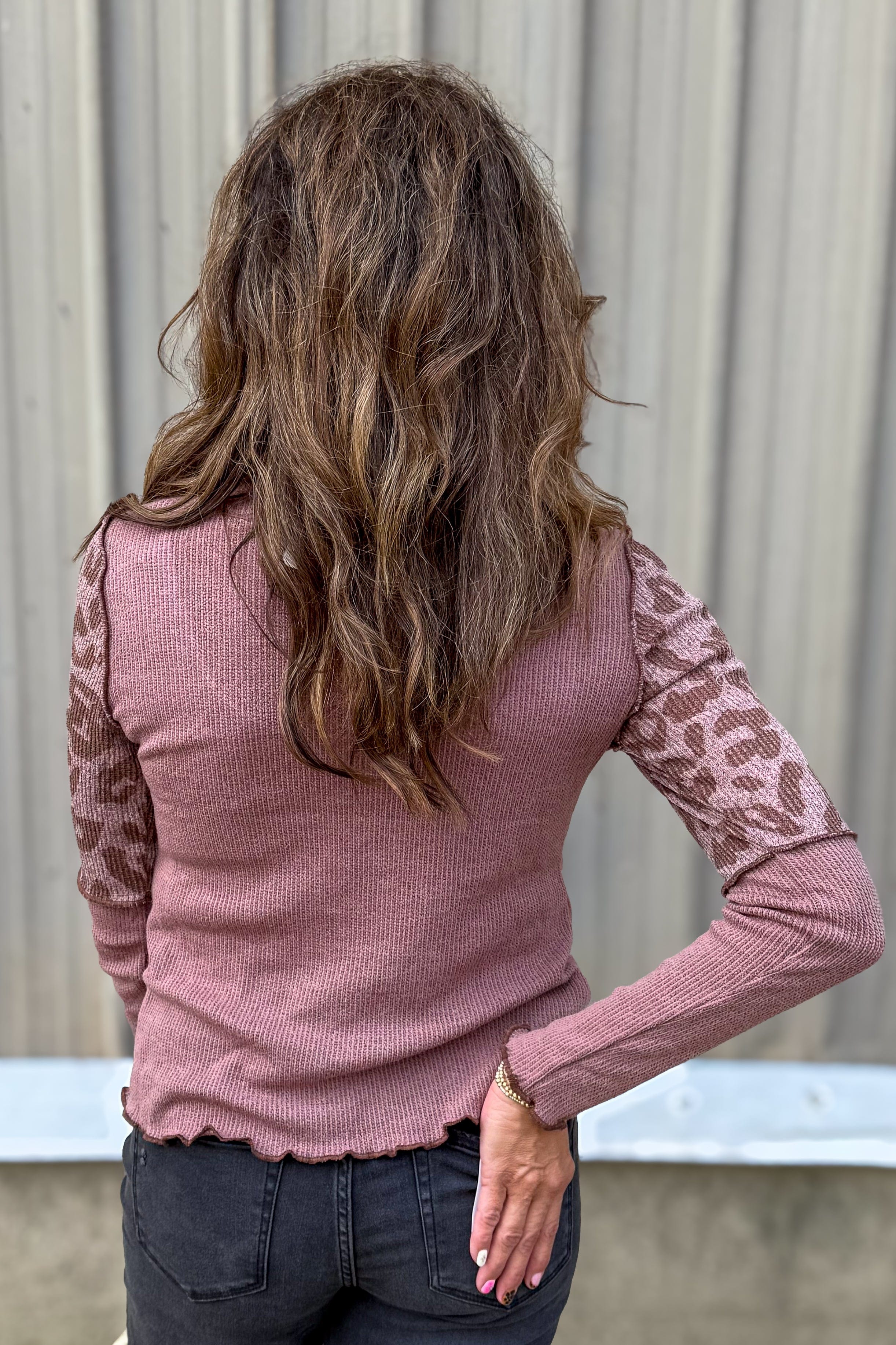 Mauve Mock Neck Animal Print Sleeve Sweater back